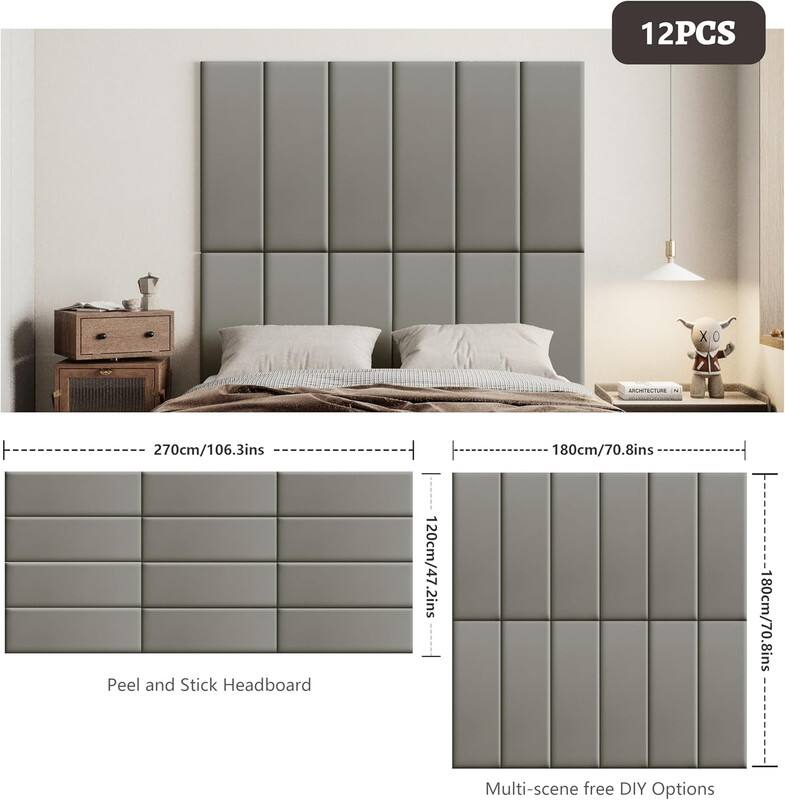 12PCS, Peel and Stick Headboard, Multi-scene free DIY Options, 270cm/106.3ins, 180cm/70.8ins, 120cm/47.2ins, 80cm/70.8ins