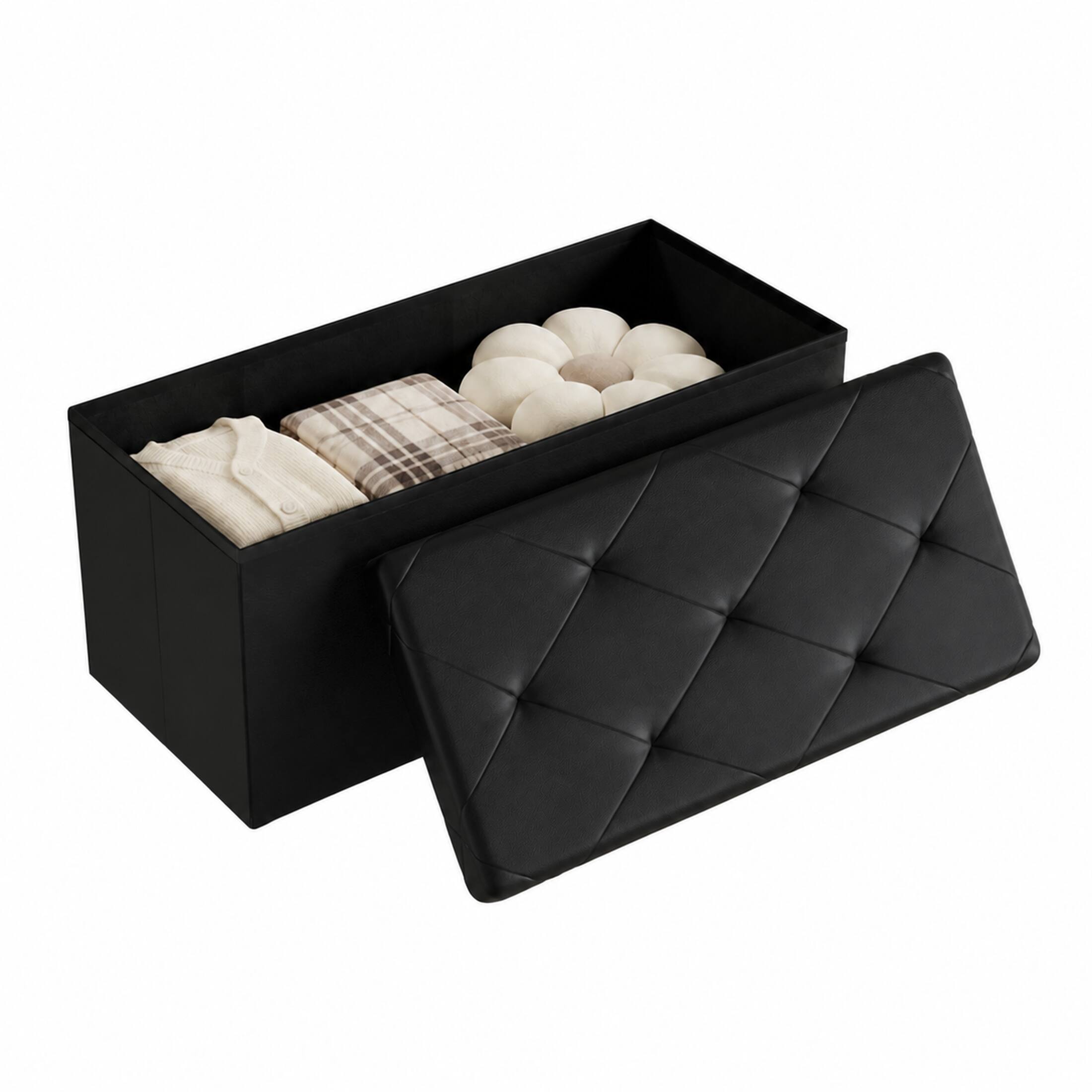 Front. Sweetcrispy - 30-in Foldable Storage Bench, Bedside Ottoman with Storage and Cushioned Seat, Faux Leather Foot Rest Stool - Black.