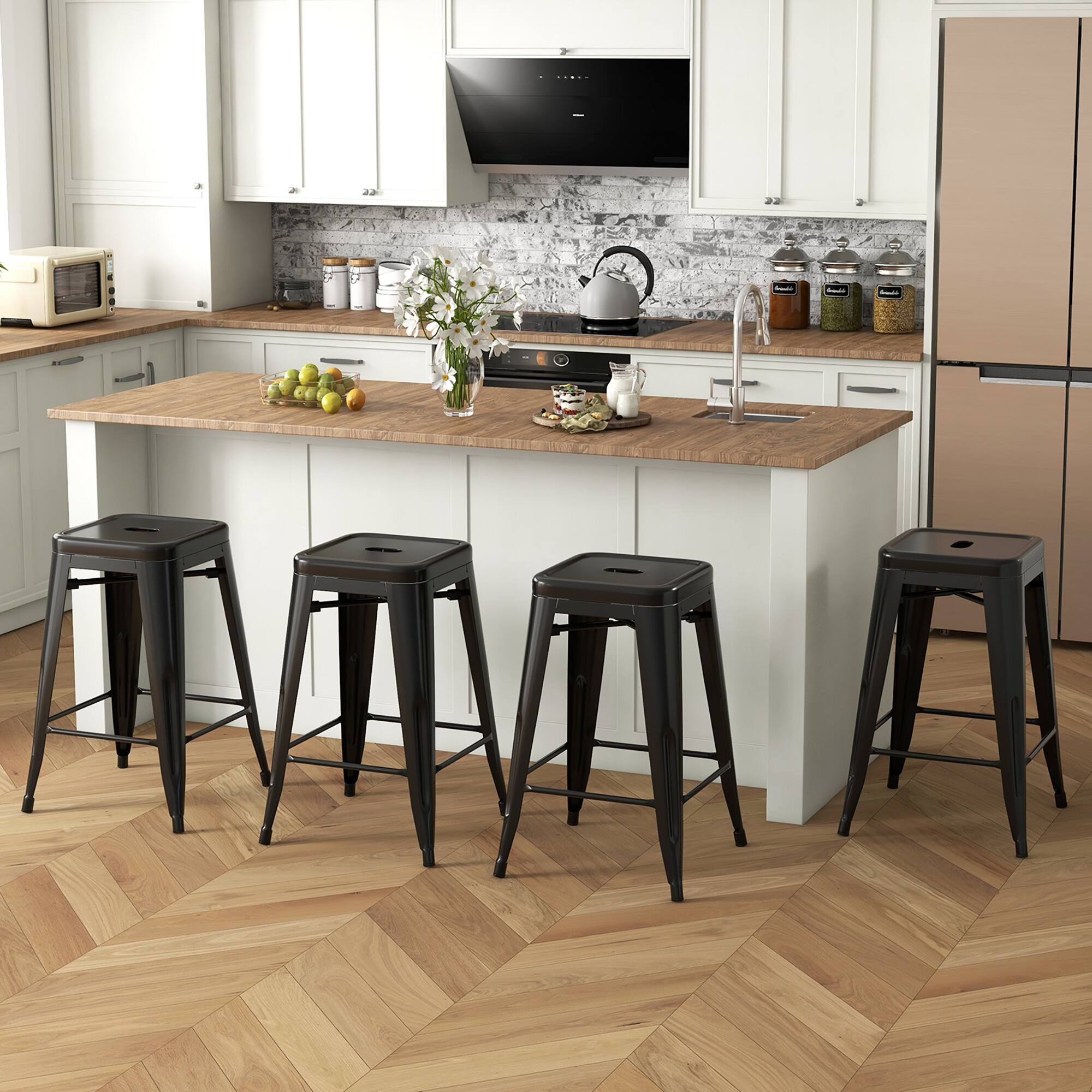 Alt View 1. Gymax - Gymax 24'' Metal Bar Stools Set of 4 w/ Square Seat Patio Bar Stools Home Kitchen Black - Black.