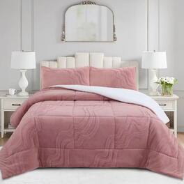 MarCielo - 3 PCS Wave Jacquard Soft Plush Comforter Set - Pink