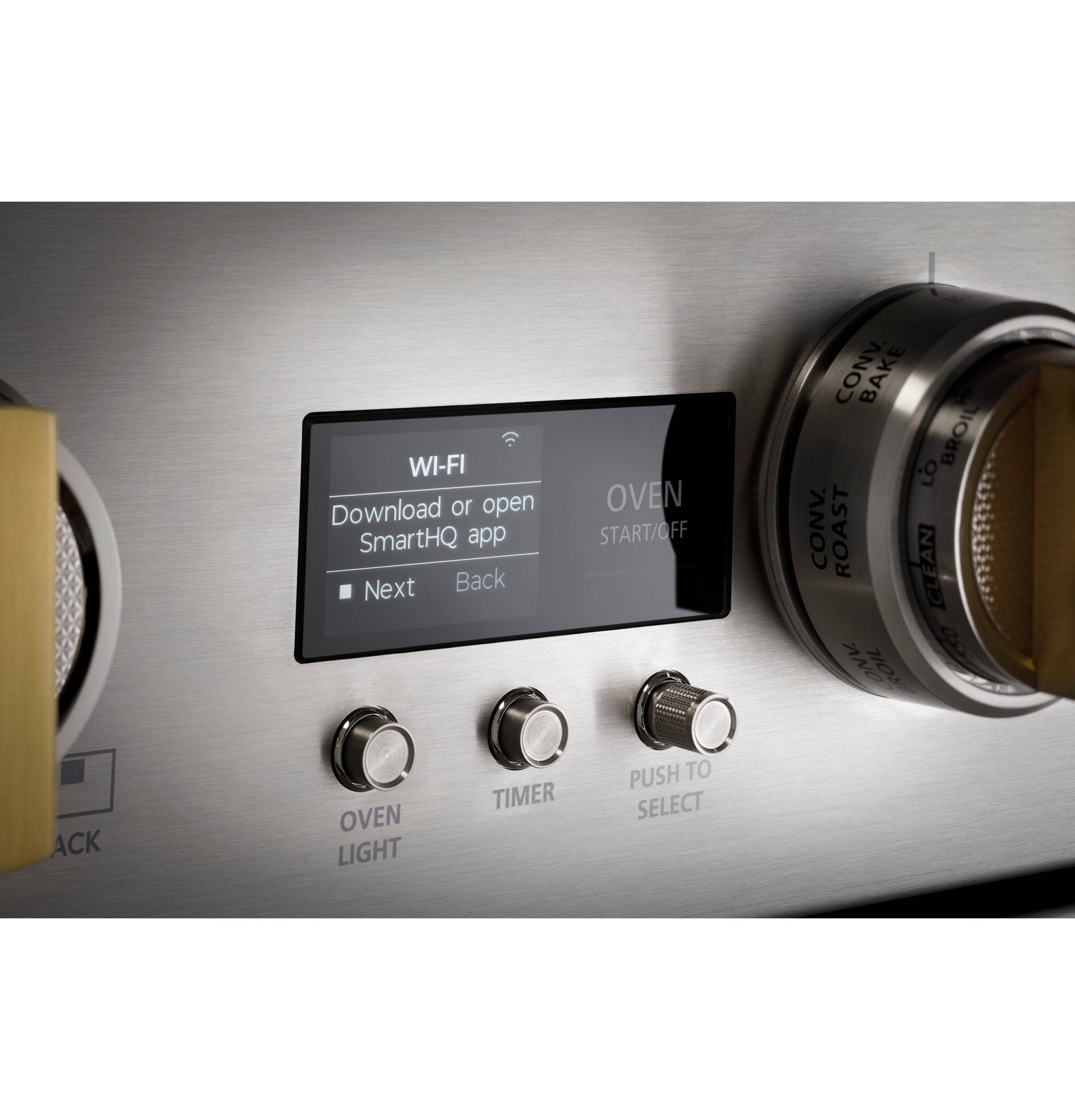 Sure, here is the corrected and grouped text from the image:

**Wi-Fi**
- Download or open SmartHQ app
- Next
- Back

**Oven**
- Start/Off
- Conv Bake
- Broil
- Lo Conv. Roil
- Oven Light
- Timer
- Push to Select

**Controls**
- Oven Light
- Timer
- Push to Select