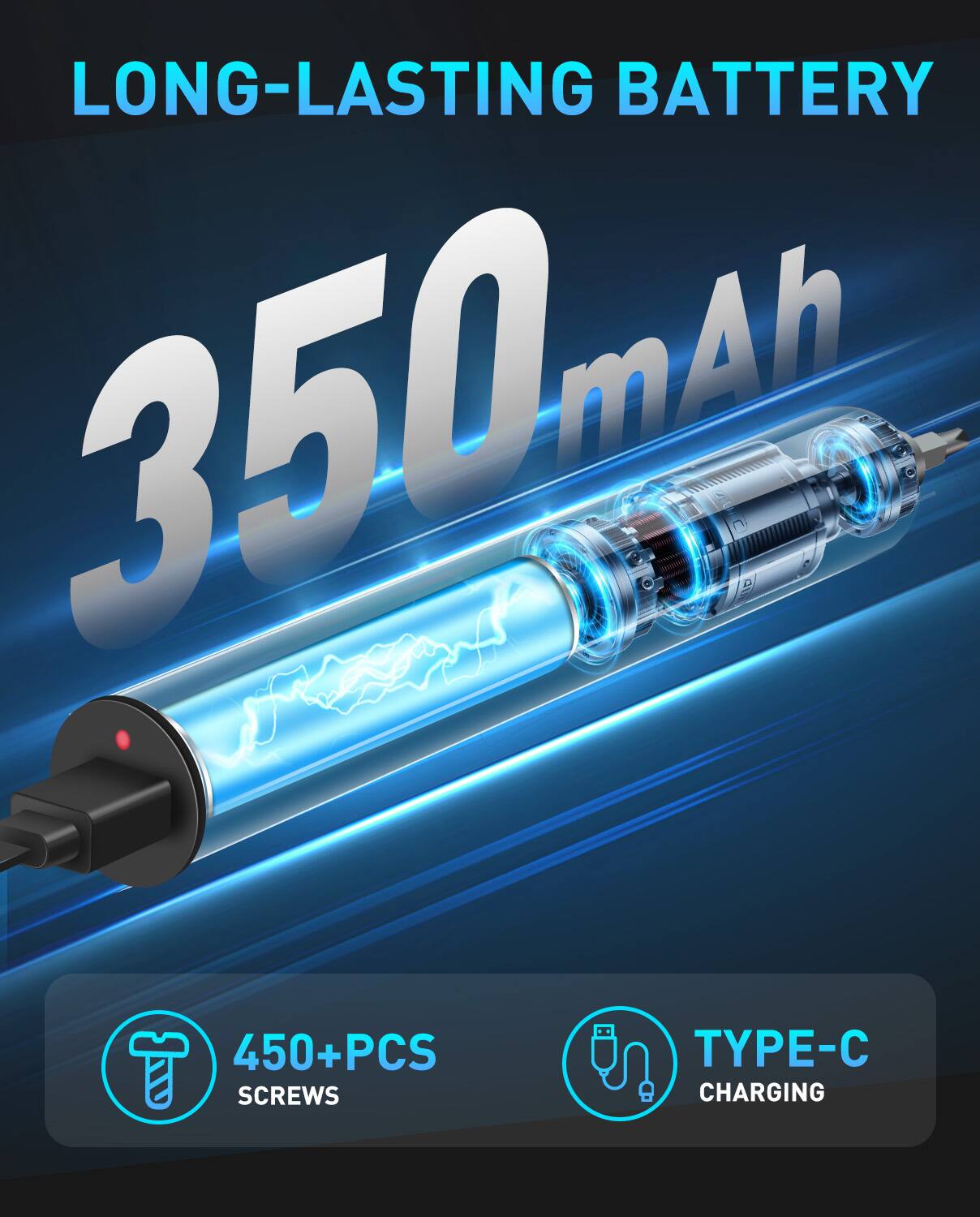 LONG-LASTING BATTERY  
350mAh  
450+PCS SCREWS  
TYPE-C CHARGING