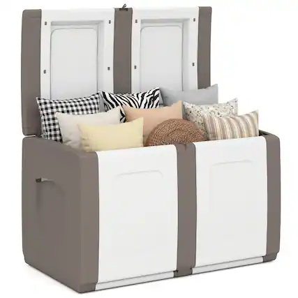 Front. Gymax - Gymax Deck Box Patio Container w/ Lockable Lid Weatherproof Plastic Storage Bin Beige & White - Brown.
