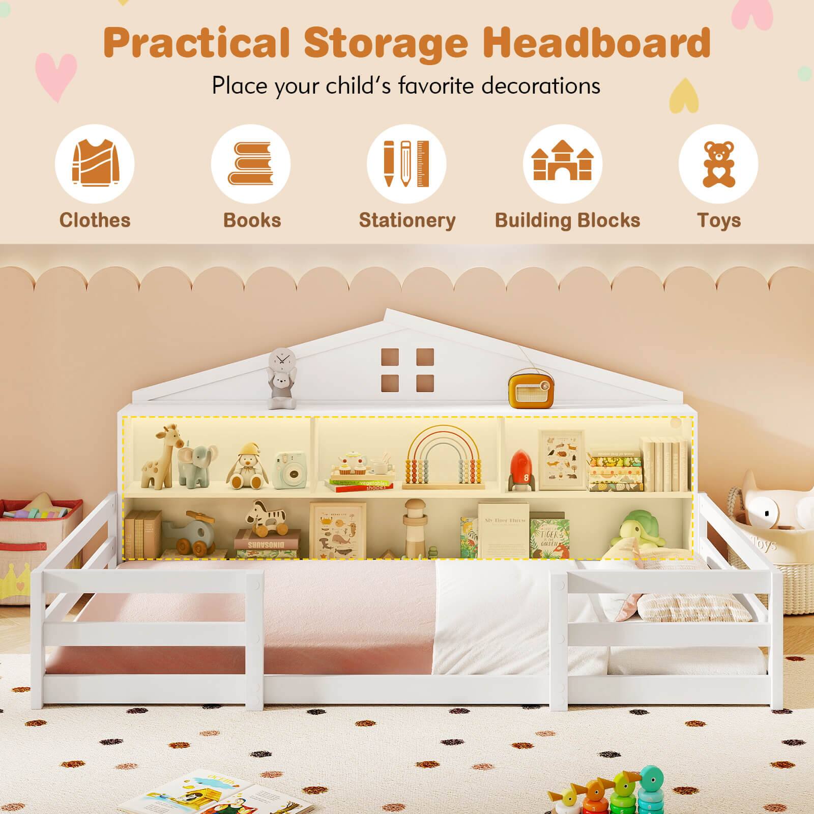 Practical Storage Headboard  
Place your child's favorite decorations  

- Clothes  
- Books  
- Stationery  
- Building Blocks  
- Toys