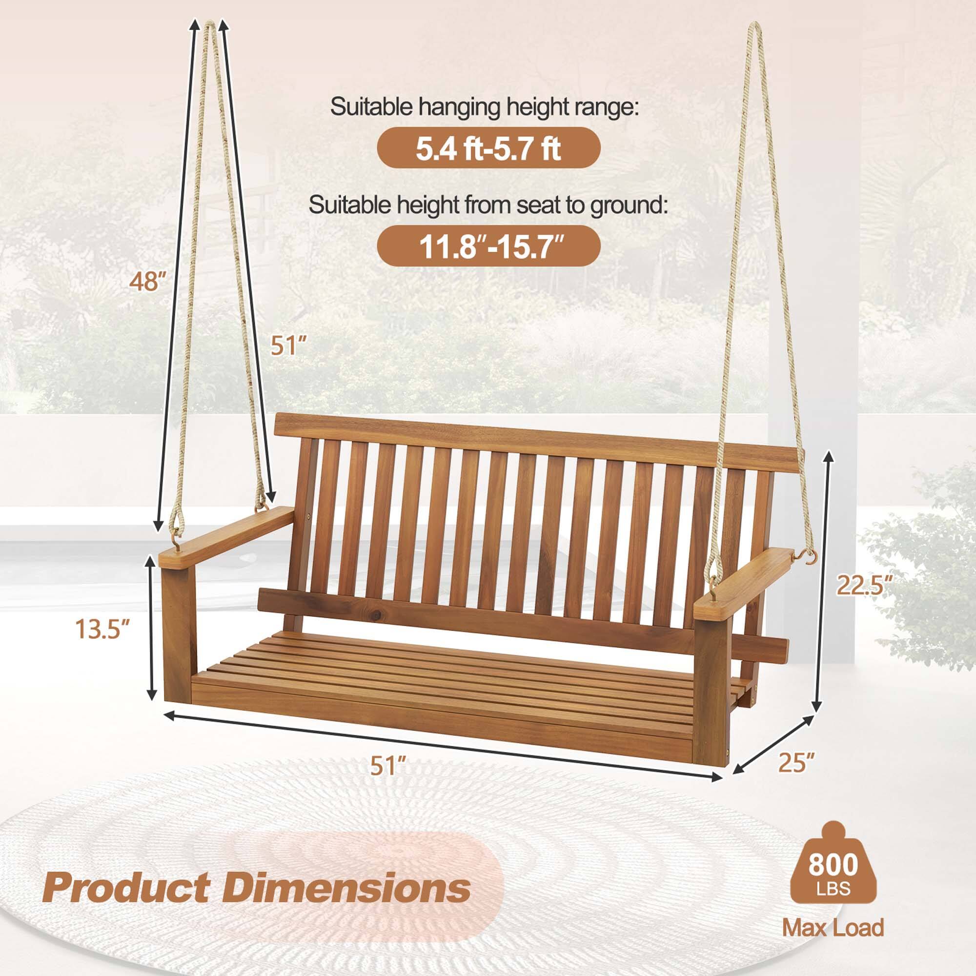 Suitable hanging height range: 5.4 ft-5.7 ft
Suitable height from seat to ground: 11.8"-15.7"
Product Dimensions: 48" 51" 13.5" 22.5" 51" 25"
800 LBS Max Load