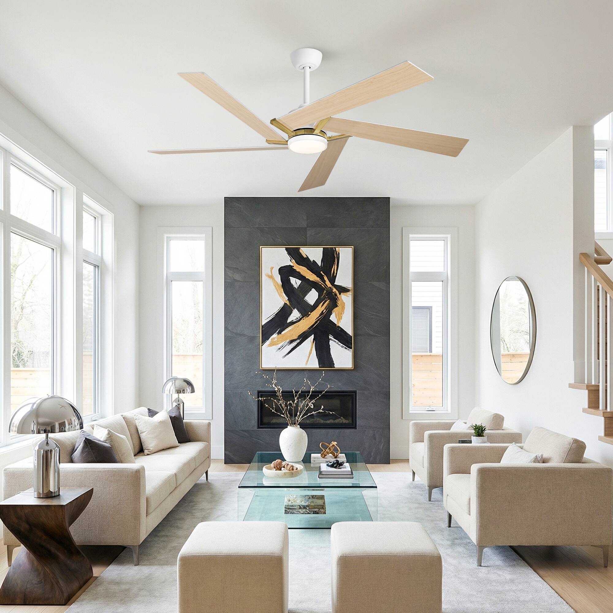 Angle. Parrot Uncle - 60" Modern White LED Ceiling Fan with Remote Control and Reversible Blades - White.