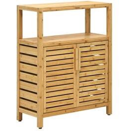 Costway - Two-door Bamboo Bathroom Floor Cabinet Storage Organizer w/ Open Shelf - Natural