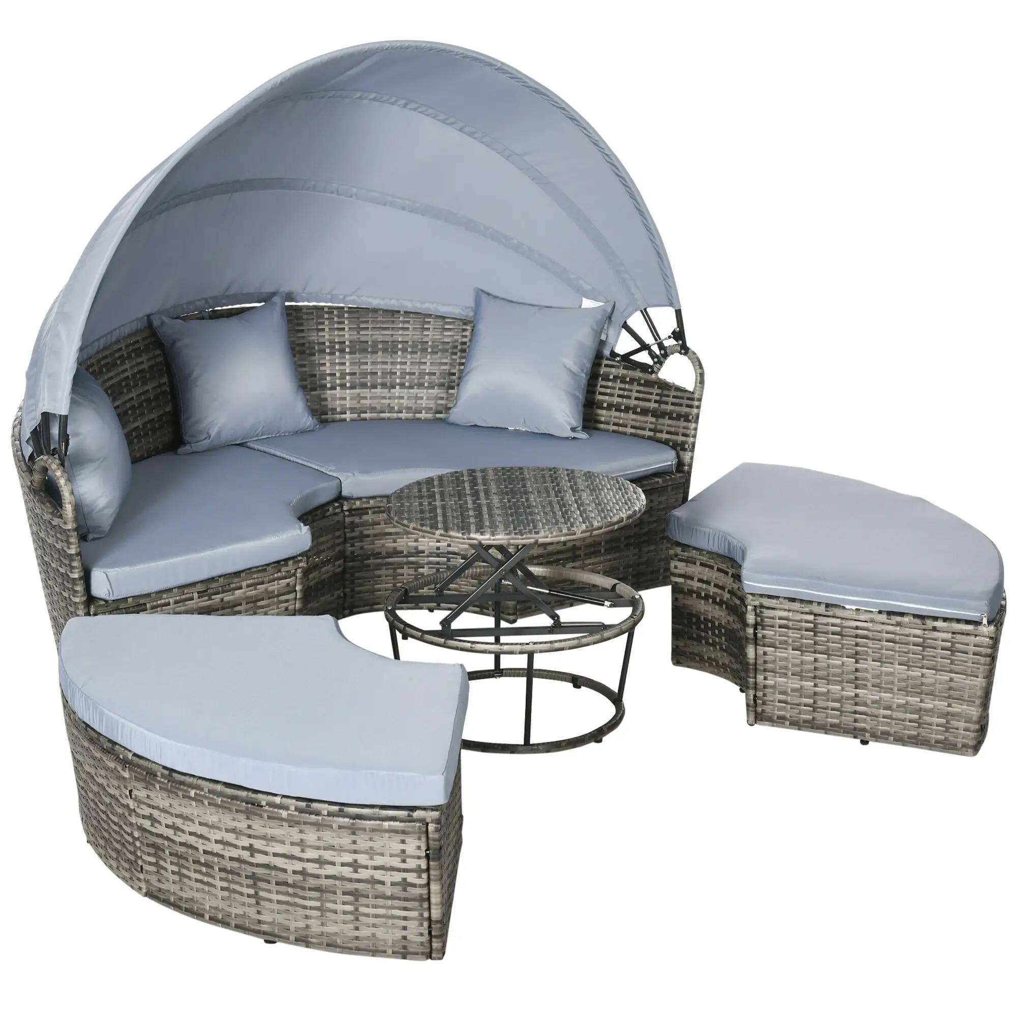 Angle. Resenkos - Resenkos 4 Pieces Round Rattan Daybed, Outdoor Sectional Furniture, Polyethylene Rattan, Light Gray - Light Gray.