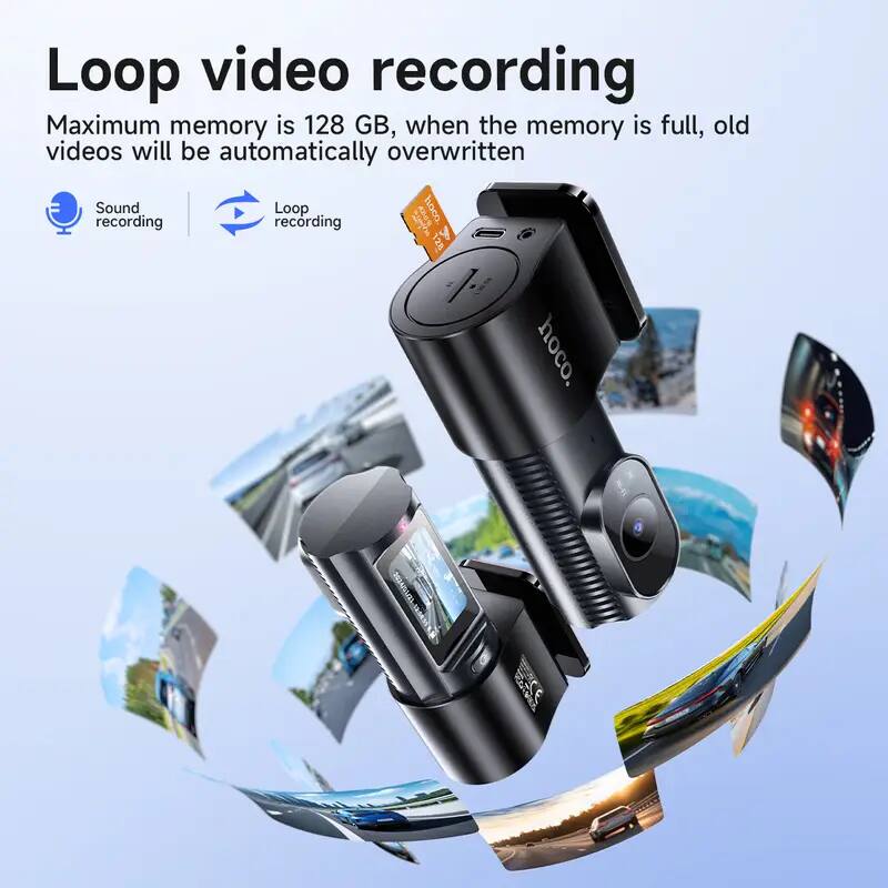 Loop video recording  
Maximum memory is 128 GB, when the memory is full, old videos will be automatically overwritten  

Sound recording  
Loop recording  

hoco.
