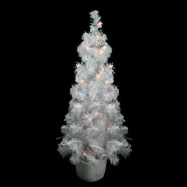 Northlight - 3.5' x 18'' Pre-Lit Potted Flocked Tinsel Artificial Christmas Tree - Clear Lights - White