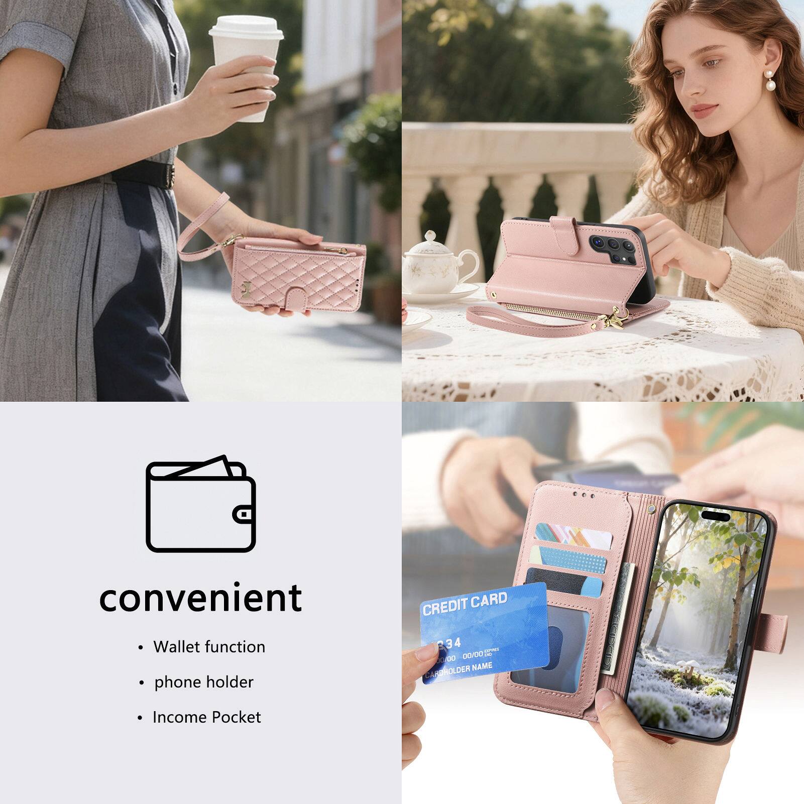 convenient  
- Wallet function  
- phone holder  
- Income Pocket  

CREDIT CARD  
234 00/00  
CARDHOLDER NAME