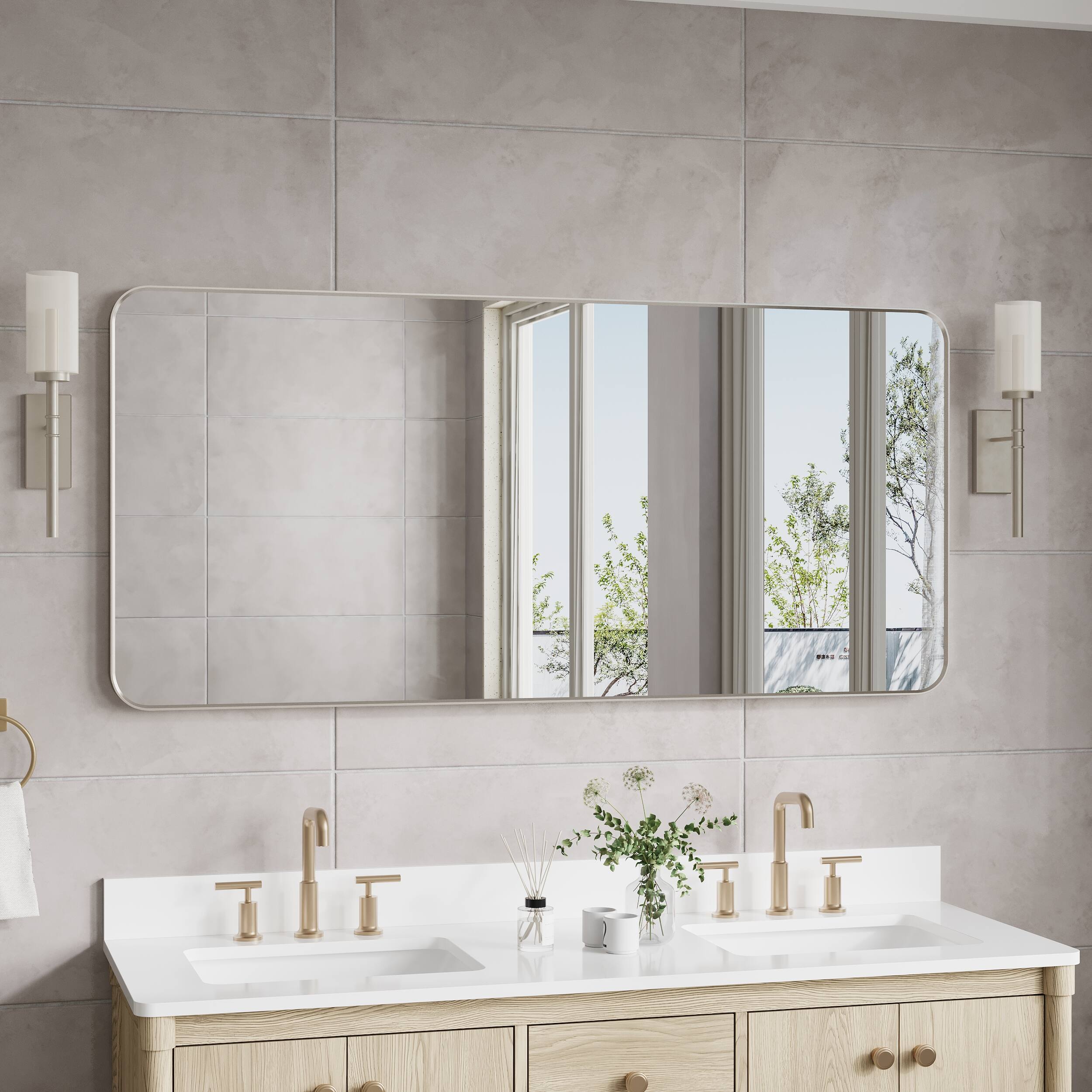 Angle. WELLFOR - 60 in. W x 28 in. H Rectangular Aluminum Framed Wall Bathroom Vanity Mirror Large Decorative Mirror - Brushed Nickel.