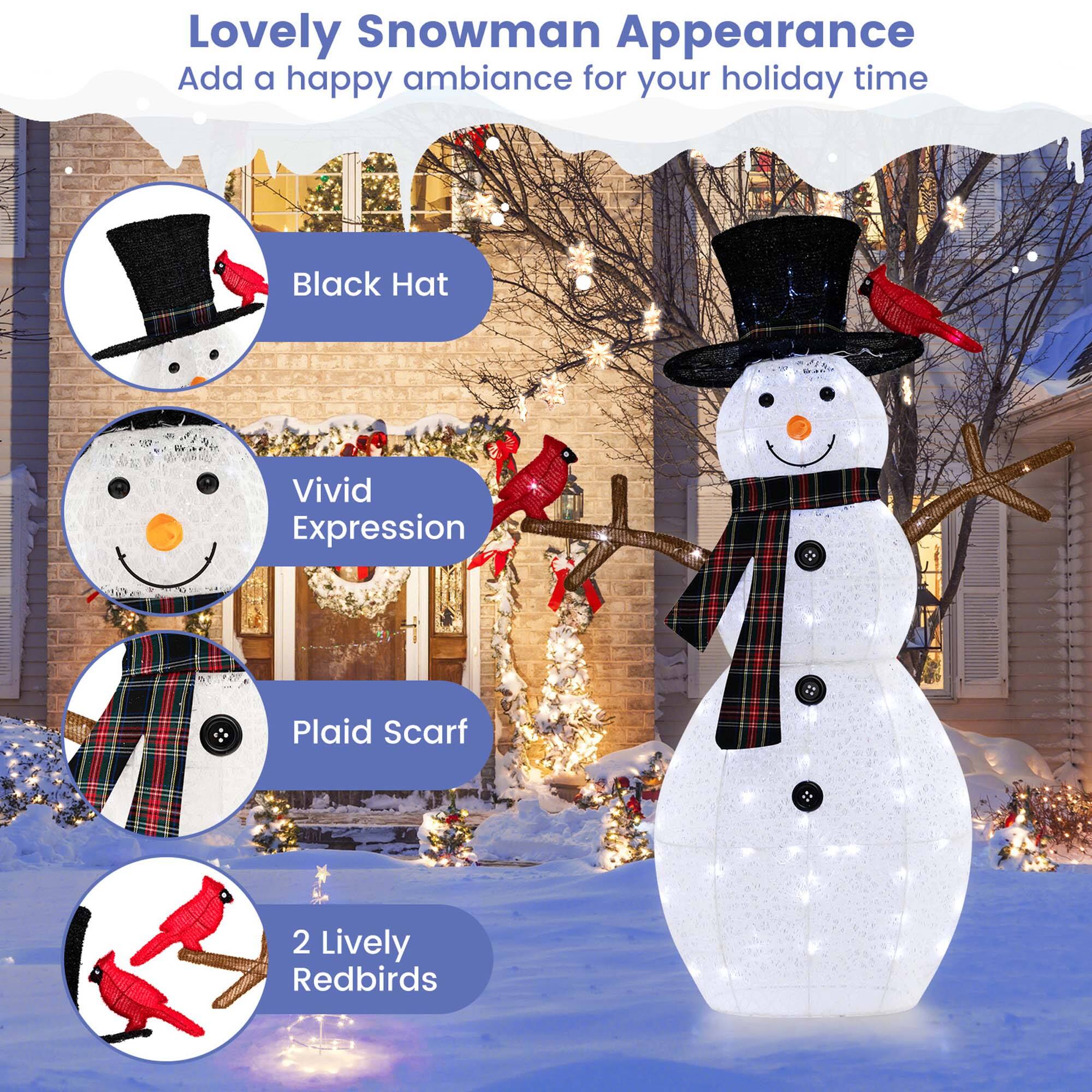 Lovely Snowman Appearance: Add a happy ambiance for your holiday time. Black Hat: Vivid Expression. Plaid Scarf: 2 Lively Redbirds.