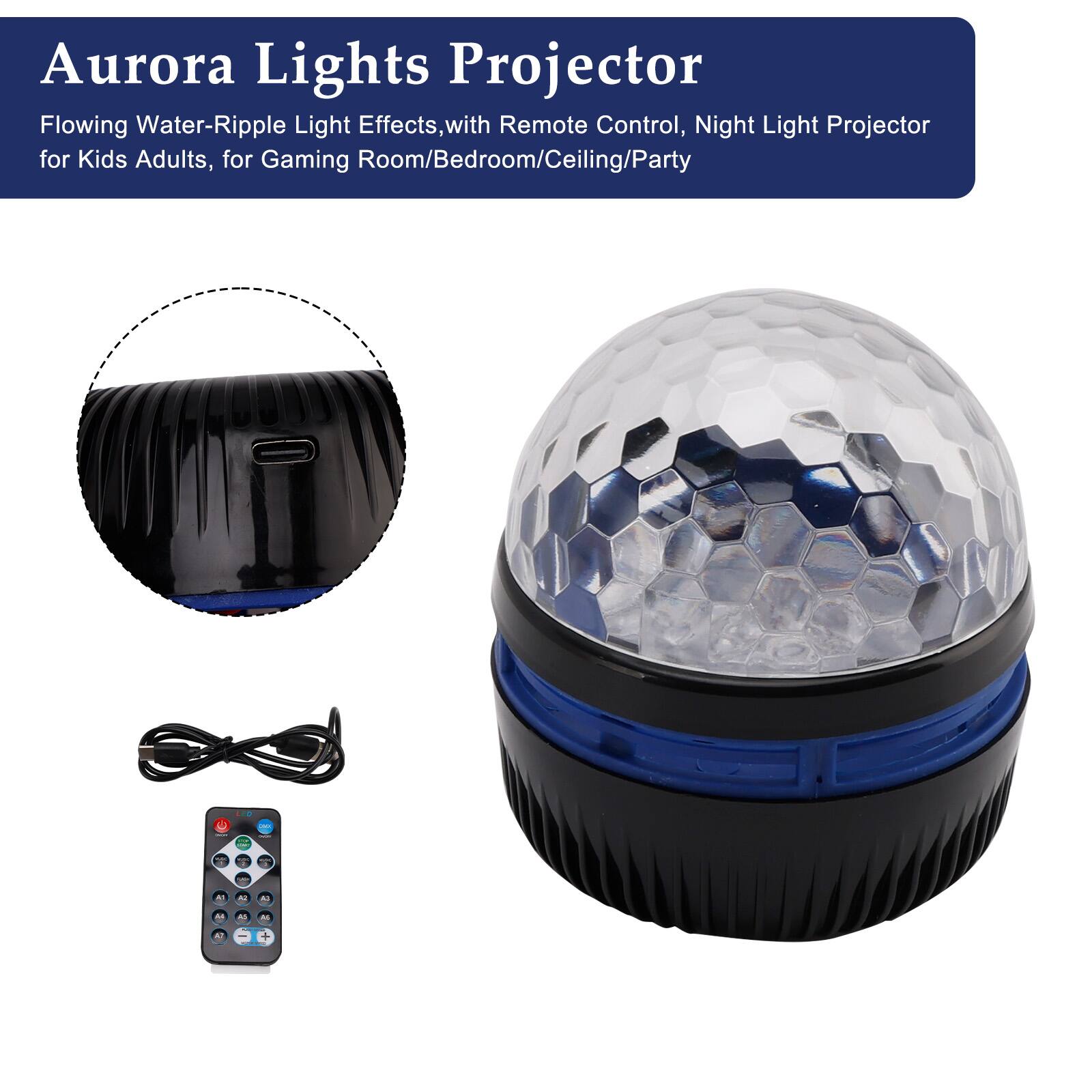 Aurora Lights Projector  
Flowing Water-Ripple Light Effects, with Remote Control, Night Light Projector for Kids Adults, for Gaming Room/Bedroom/Ceiling/Party