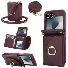 Dteck - for Samsung Galaxy Z Flip6/7 FE Crossbody Wallet Case,Shockproof Faux Leather Card Holder Hinge Cover Bulit in Grip RIng - Winered