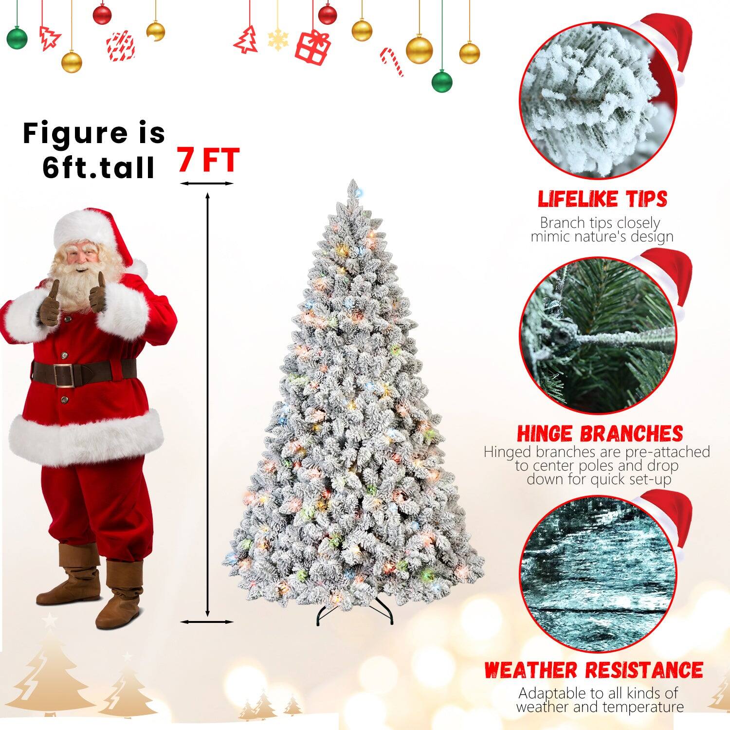 - Figure is 6ft. tall
- 7 FT
- LIFELIKE TIPS: Branch tips closely mimic nature's design
- HINGE BRANCHES: Hinged branches are pre-attached to center poles and drop down for quick set-up
- WEATHER RESISTANCE: Adaptable to all kinds of weather and temperature