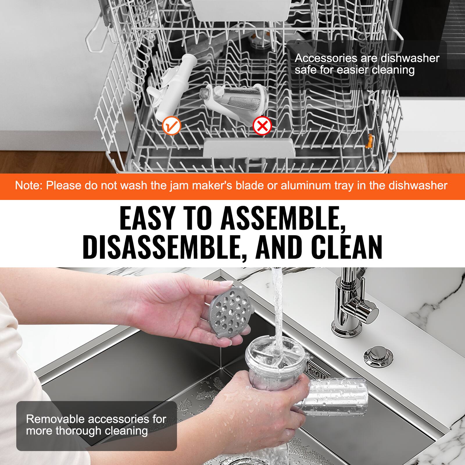 - Accessories are dishwasher safe for easier cleaning
- Note: Please do not wash the jam maker's blade or aluminum tray in the dishwasher
- EASY TO ASSEMBLE, DISASSEMBLE, AND CLEAN
- Removable accessories for more thorough cleaning