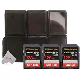 3x SanDisk Extreme 128GB SDXC UHS-I V30 200MB/s Class 10 Memory Card and Holder