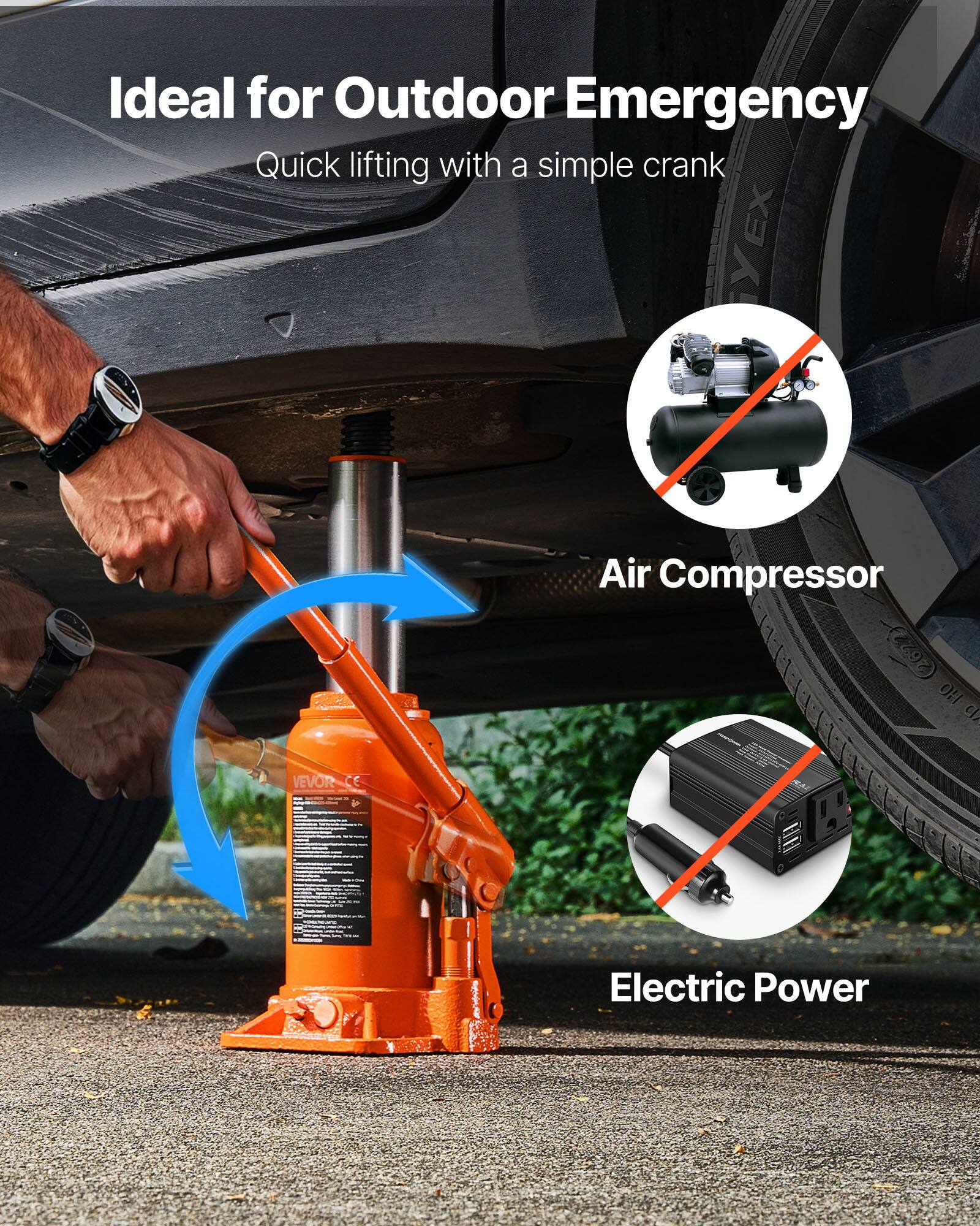 Ideal for Outdoor Emergency  
Quick lifting with a simple crank  

YEX Air Compressor 0:1  
VEVORCE CE I Electric Power