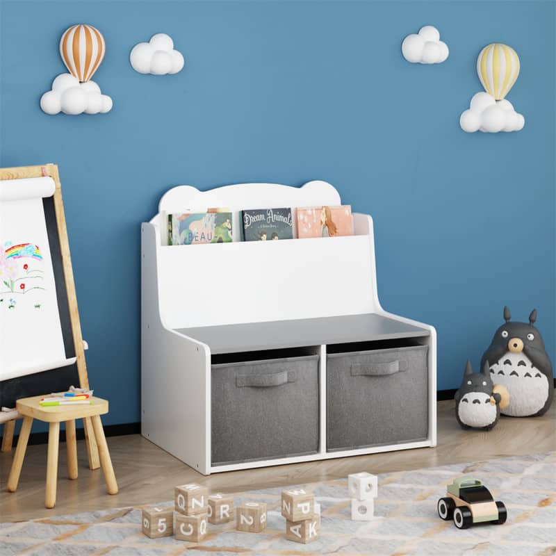 HTUTWOO - Kids Bookshelf with Storage Bins –Wooden Bookcase with Book Display Shelf & 2 Fabric Bins,Shaped Backboard,Toy Organizer - White