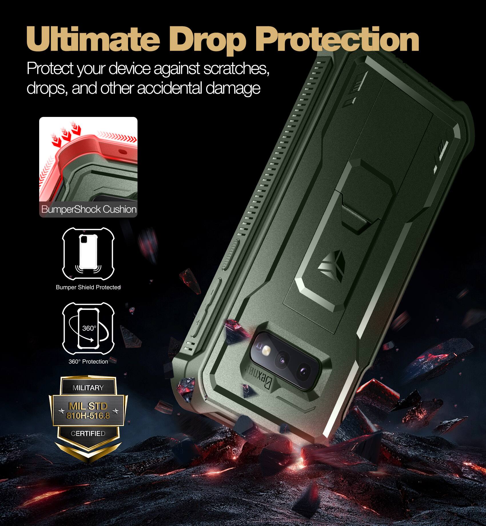 Ultimate Drop Protection  
Protect your device against scratches, drops, and other accidental damage  

- BumperShock Cushion  
- Bumper Shield Protected  
- 360° Protection  
- MILITARY  
  MIL STD 810H-516.8  
  CERTIFIED