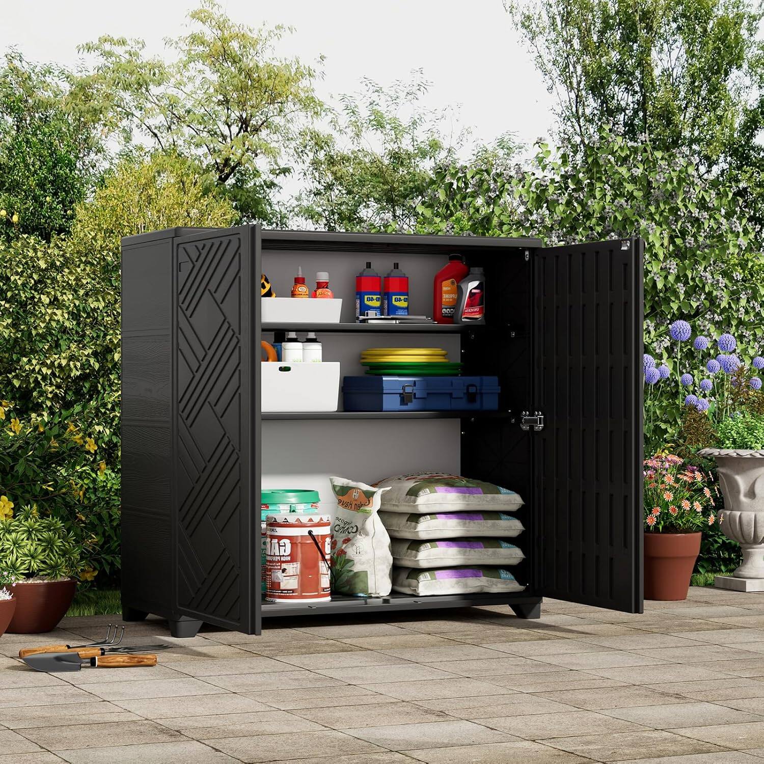 Angle. Yardgrace - Outdoor Storage Shed with 1 Shelf, All-Weather Resin Cabinet for Patio, Garden, and Backyard - Black.