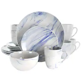Elama - Fine Marble 16 Piece Stoneware Dinnerware Set - Blue and White