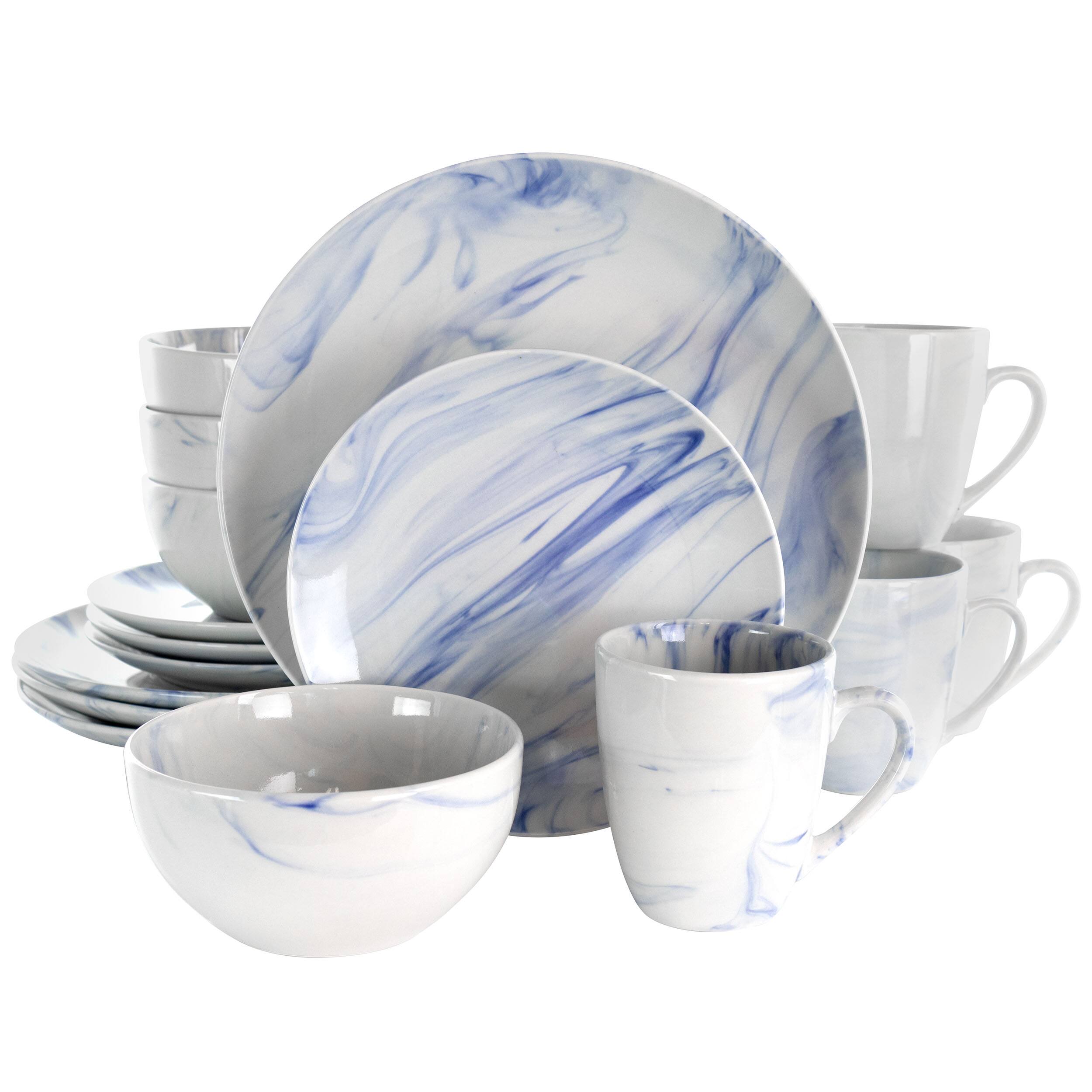 Elama - Fine Marble 16 Piece Stoneware Dinnerware Set - Blue and White