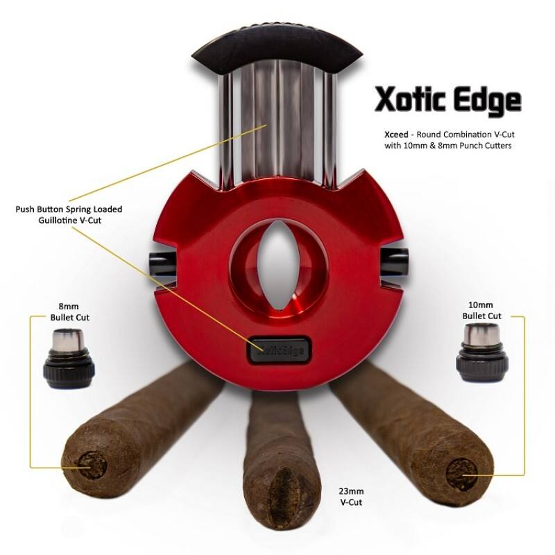 Xotic Edge Xceed Round Combination V-Cut with 10mm & 8mm Punch Cutters Push Button Spring Loaded Guillotine V-Cut 8mm Bullet Cut 10mm Bullet Cut 23mm V-Cut