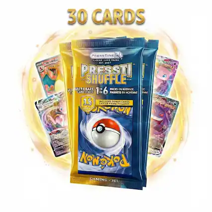 30 CARDS
PRESSSTINE GOCY TRADING CARD PACKS
PRESSSTINE SHUFFLE
ULTRA RARE 1 IN 6
15 PACKS ON AVERAGE
INCLUDES DONUS CARDS
PRESSSTINE GOCY TRADING CARD PACKS
ULTRA RARE 1 IN 6
15 PACKS ON AVERAGE
INCLUDES DONUS CARDS
PRESSSTINE GOCY TRADING CARD PACKS
ULTRA RARE 1 IN 6
15 PACKS ON AVERAGE
INCLUDES DONUS CARDS
GAMING JEU