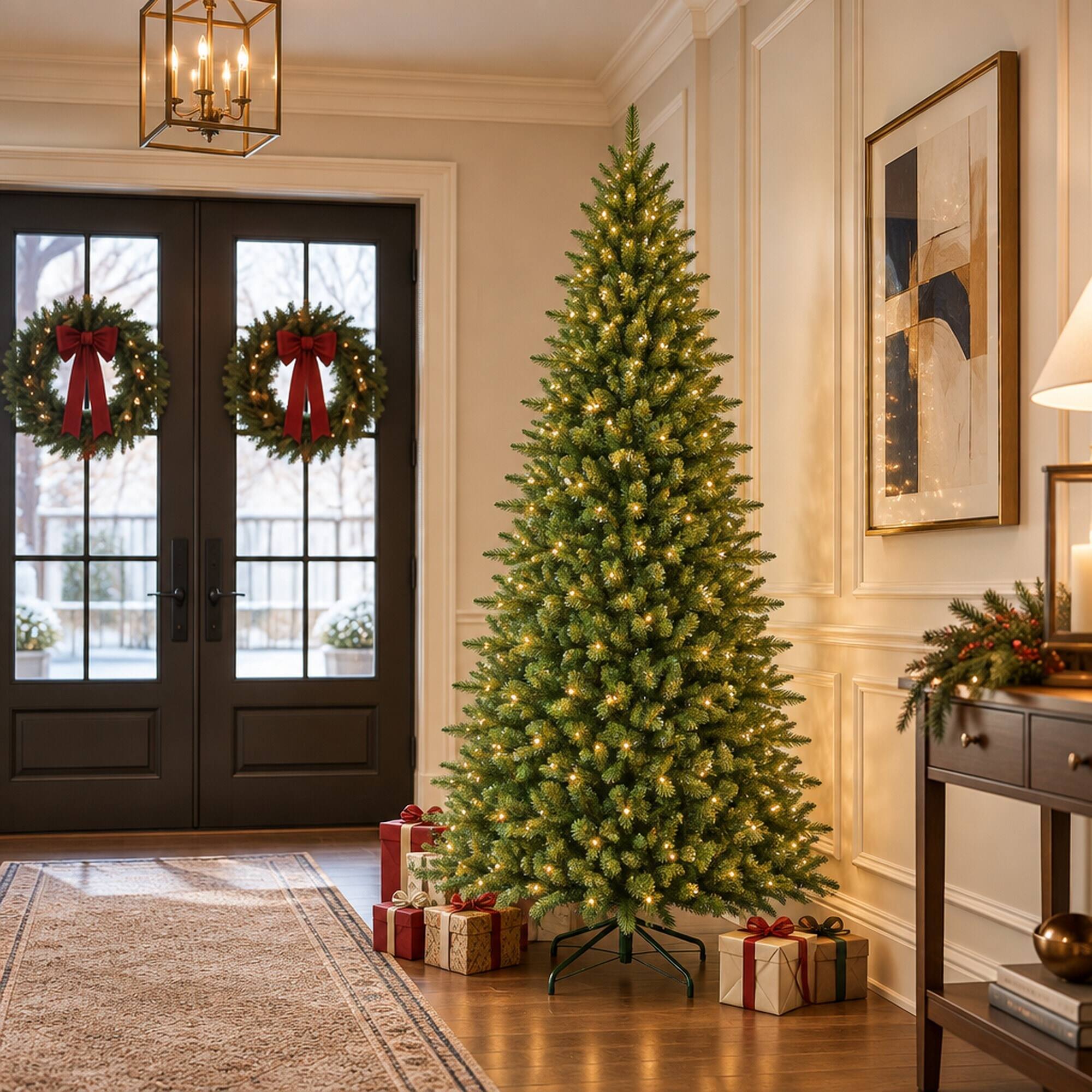 Alt View 2. RYHNUYNE - 7FT Slim Artificial Christmas Tree With 1180 PE and PVC Tips and Hinged Branches, Metal Stand for Small Spaces - Green.