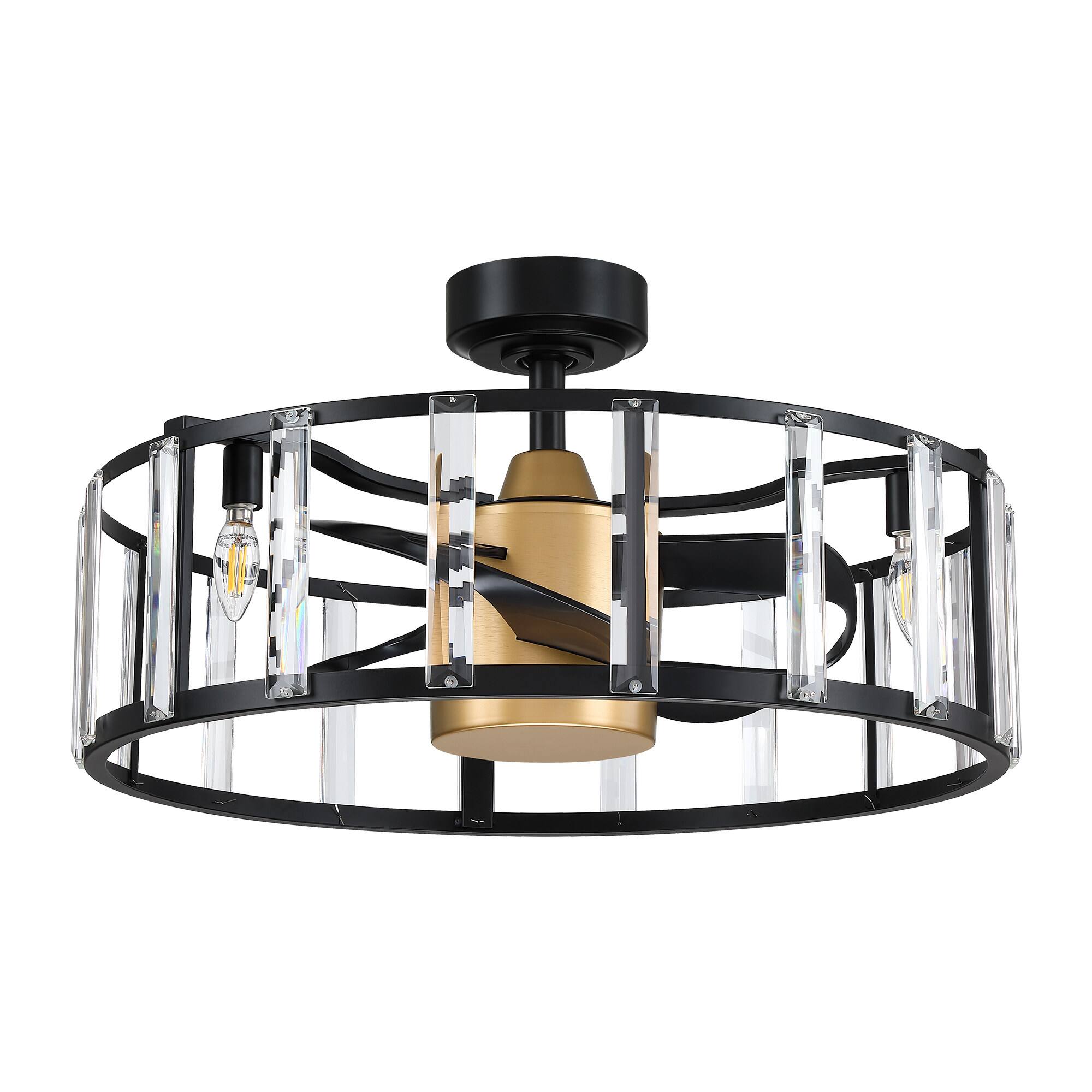 Alt View 1. Parrot Uncle - 26.7 in. Matte Black Modern Caged Crystal Ceiling Fan with Light and Remote - Black.