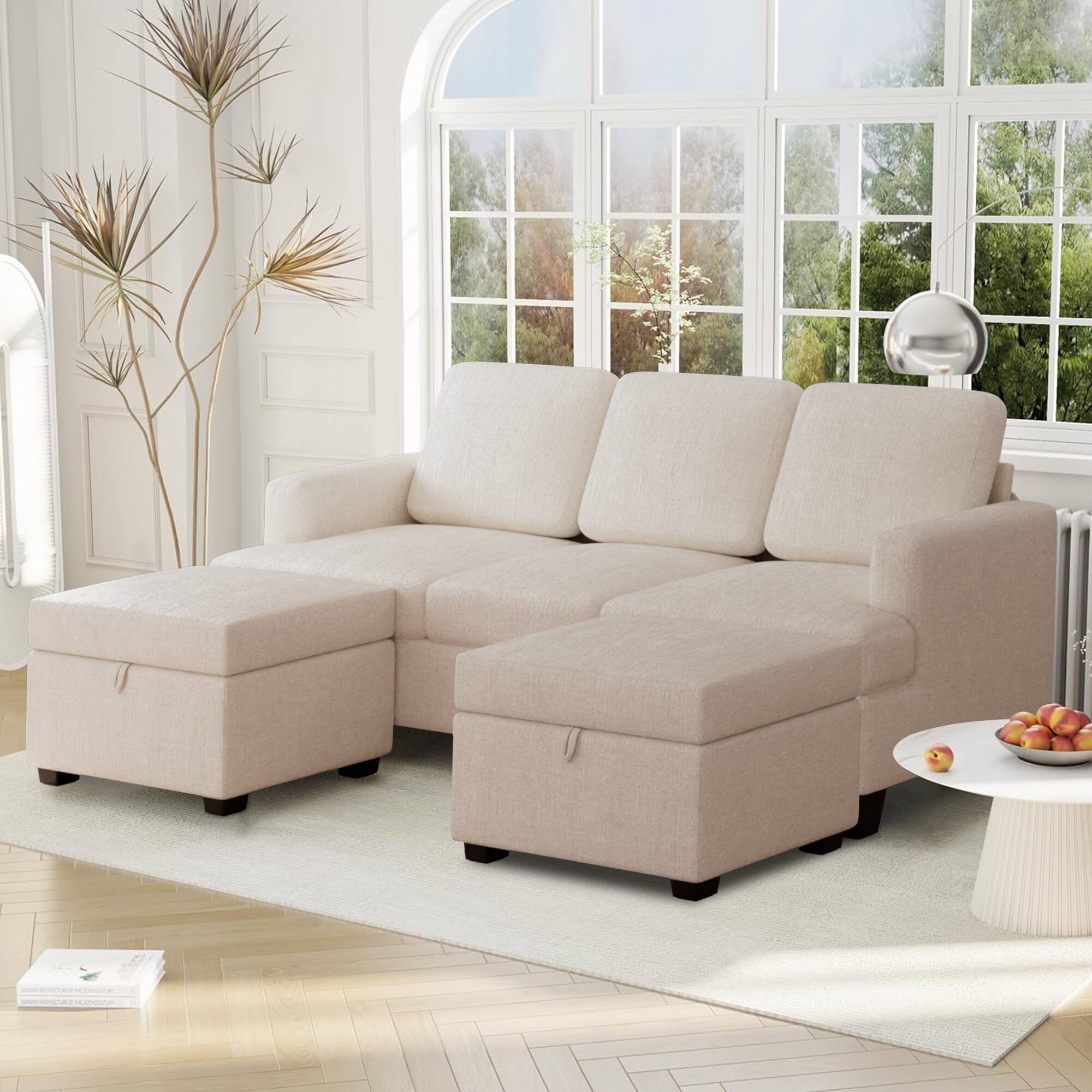 Alt View 5. KERDOM - 3 Seat Sofa for Living Room, L-Shaped Chenille Couch with Deep Seat, Storage Ottoman, Sectional Couch with Chaise Longue - Beige + 2 Ottomans.