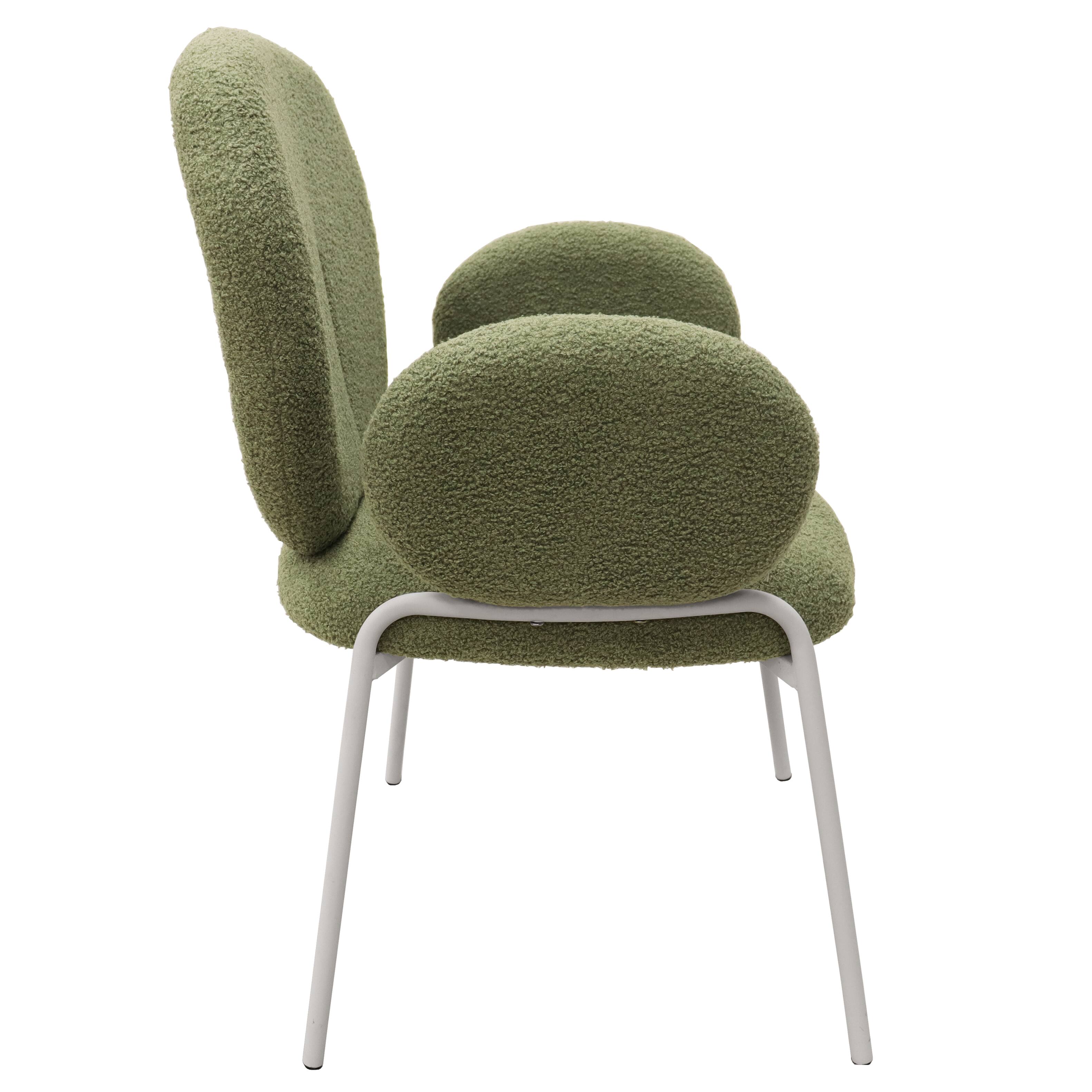 Alt View 1. LeisureMod - Celestial Modern Boucle Dining Chair with Arms, Textured Fabric Upholstered Armchair - White Metal Frame Kitchen Chair - Green.