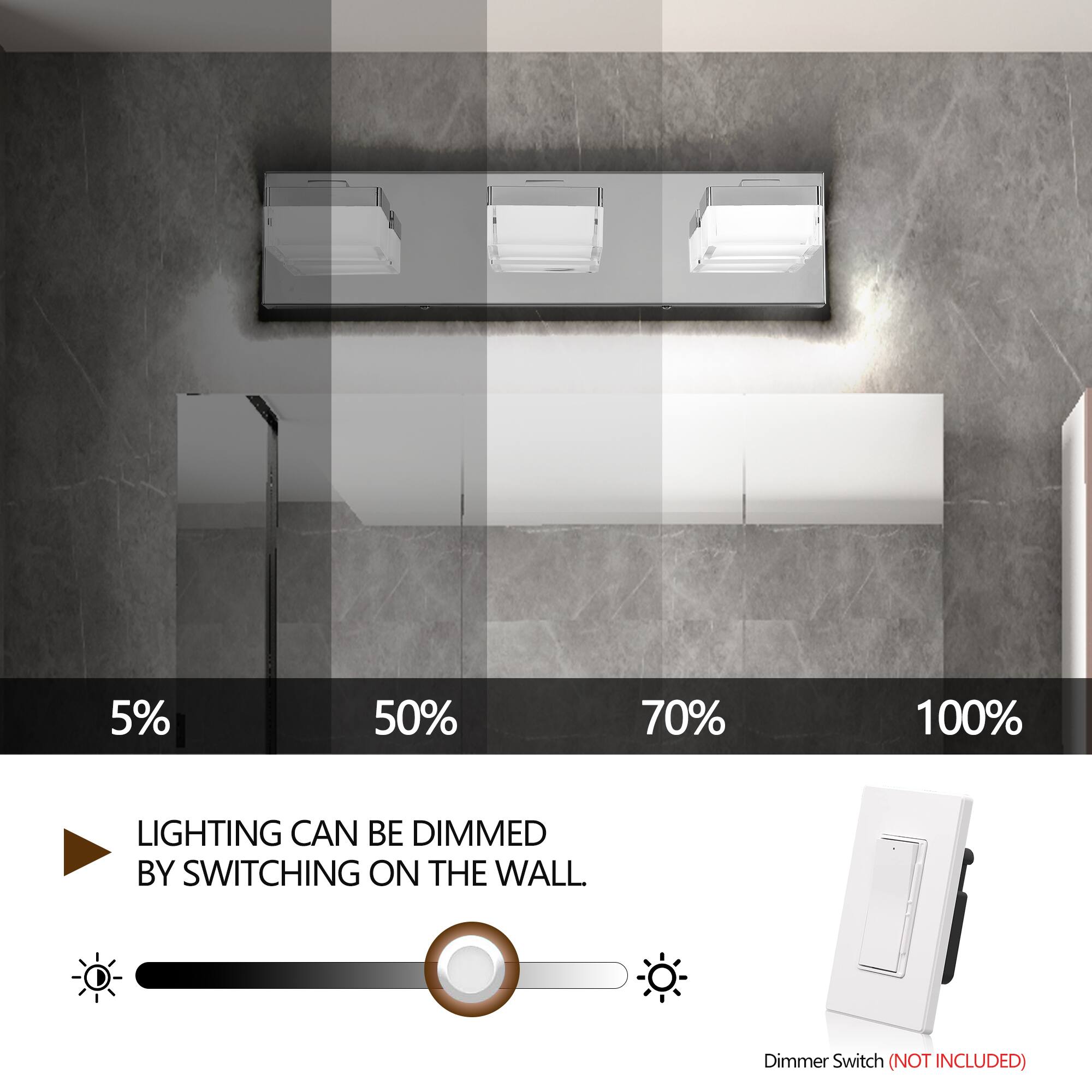 5% 50% 70% 100%  
LIGHTING CAN BE DIMMED BY SWITCHING ON THE WALL.  
Dimmer Switch (NOT INCLUDED)