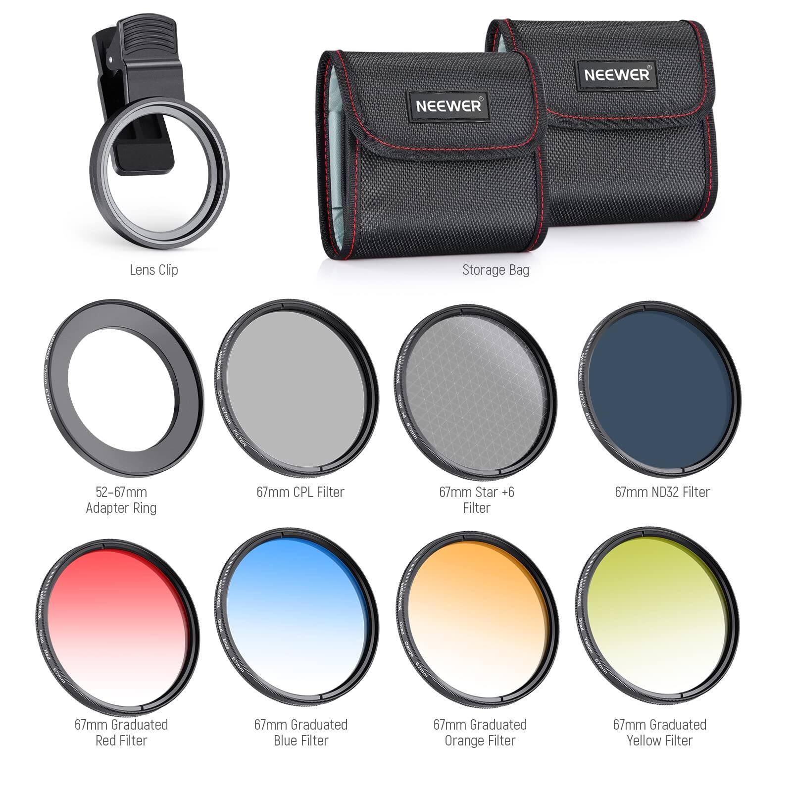 NEEWER Lens Clip Storage Bag  
52-67mm Adapter Ring  
67mm CPL Filter  
67mm Star +6 Filter  
67mm ND32 Filter  
67mm Graduated Red Filter  
67mm Graduated Blue Filter  
67mm Graduated Orange Filter  
67mm Graduated Yellow Filter