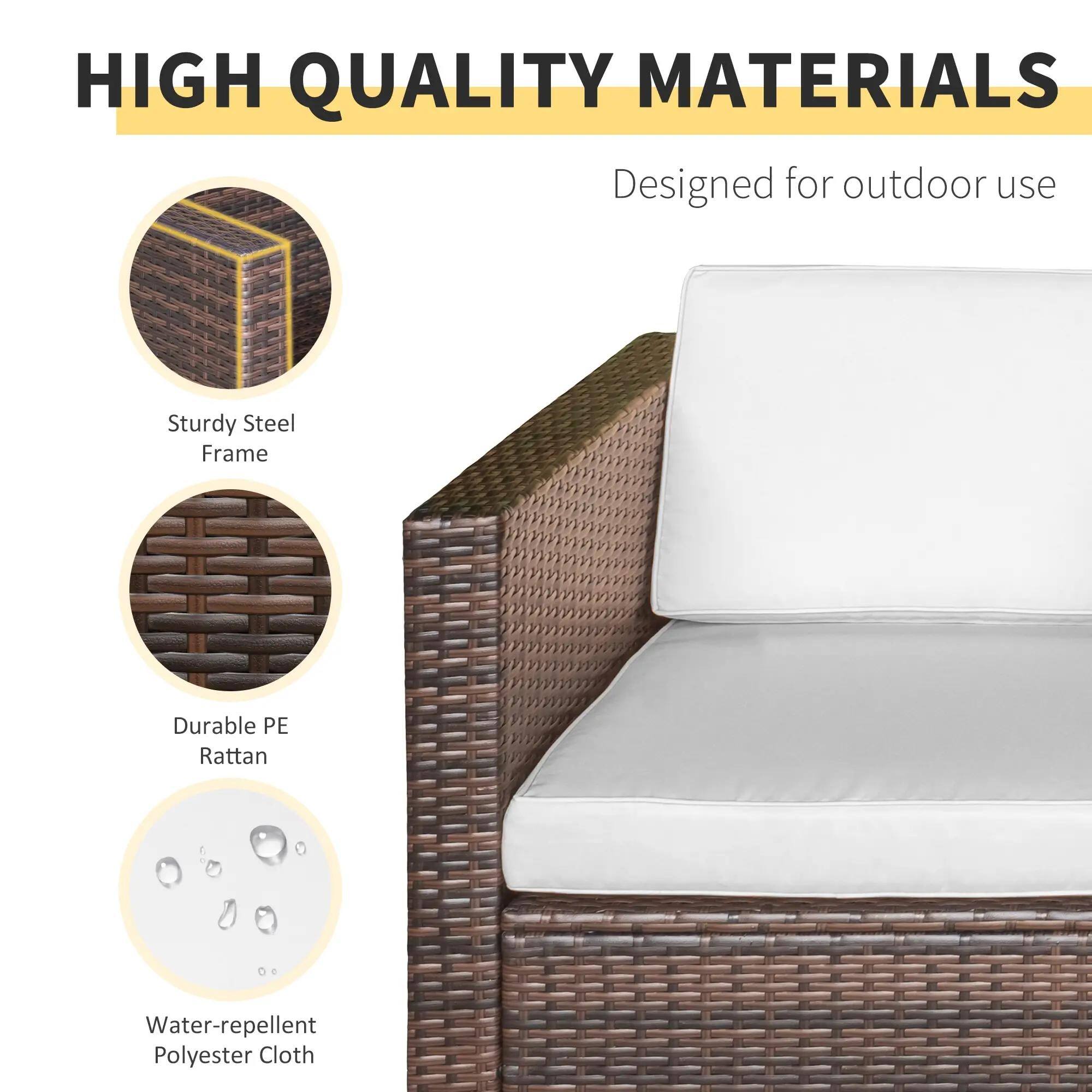 HIGH QUALITY MATERIALS
Designed for outdoor use
Sturdy Steel Frame
Durable PE Rattan
Water-repellent Polyester Cloth