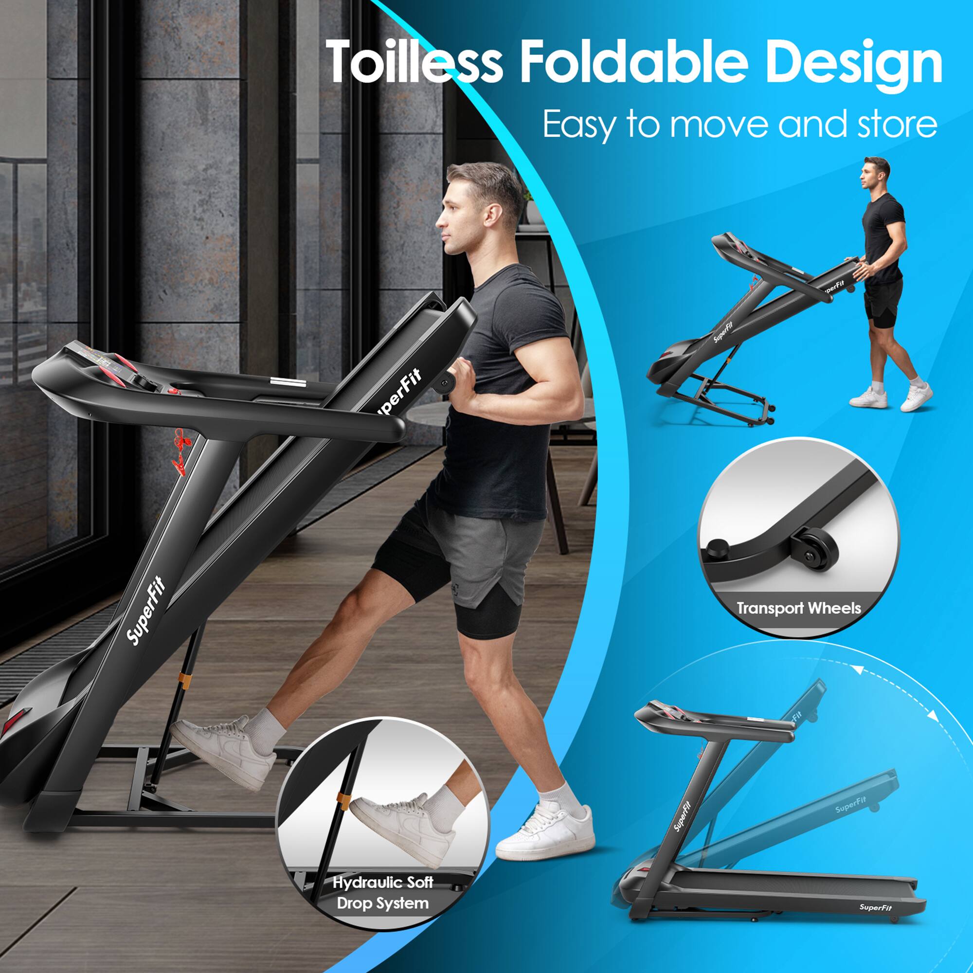 Toilless Foldable Design  
Easy to move and store  

SuperFit Transport Wheels  
Hydraulic Soft Drop System