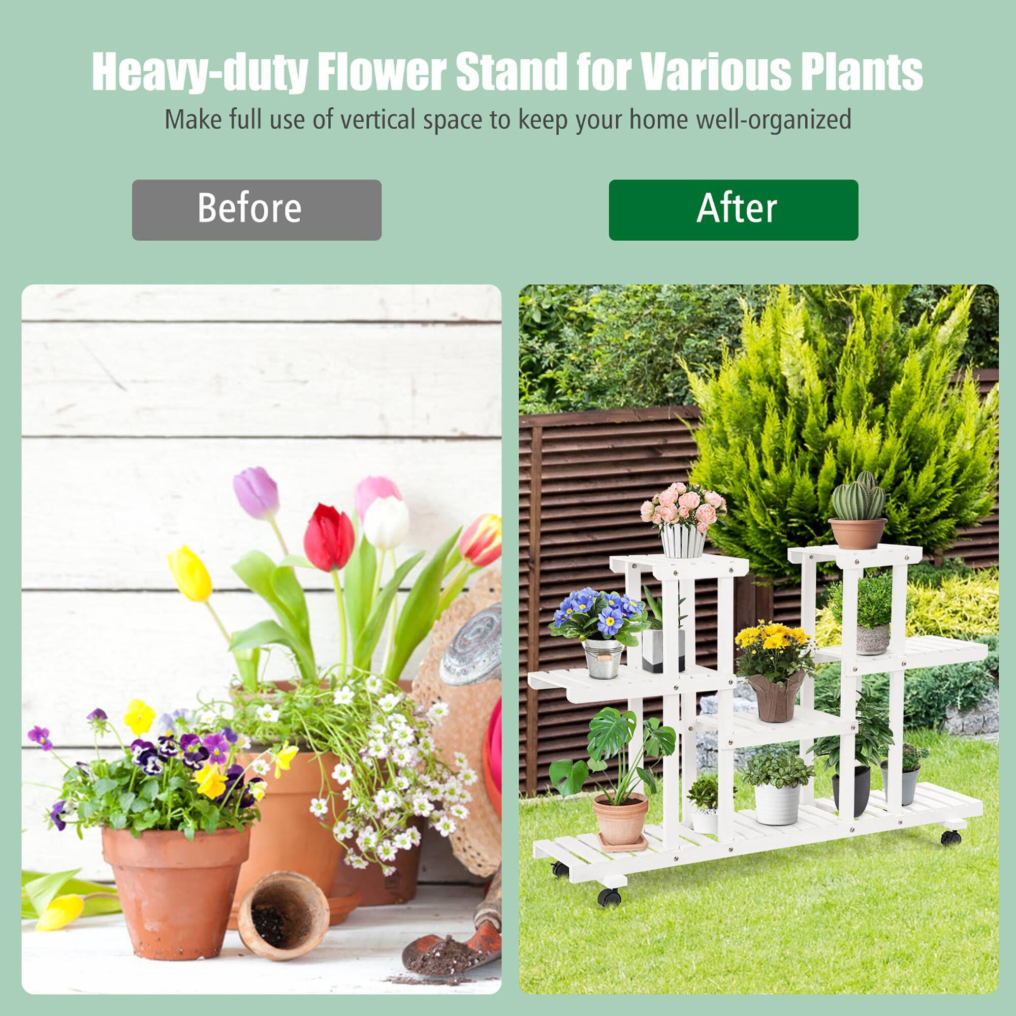 Heavy-duty Flower Stand for Various Plants: Make full use of vertical space to keep your home well-organized. Before and After.