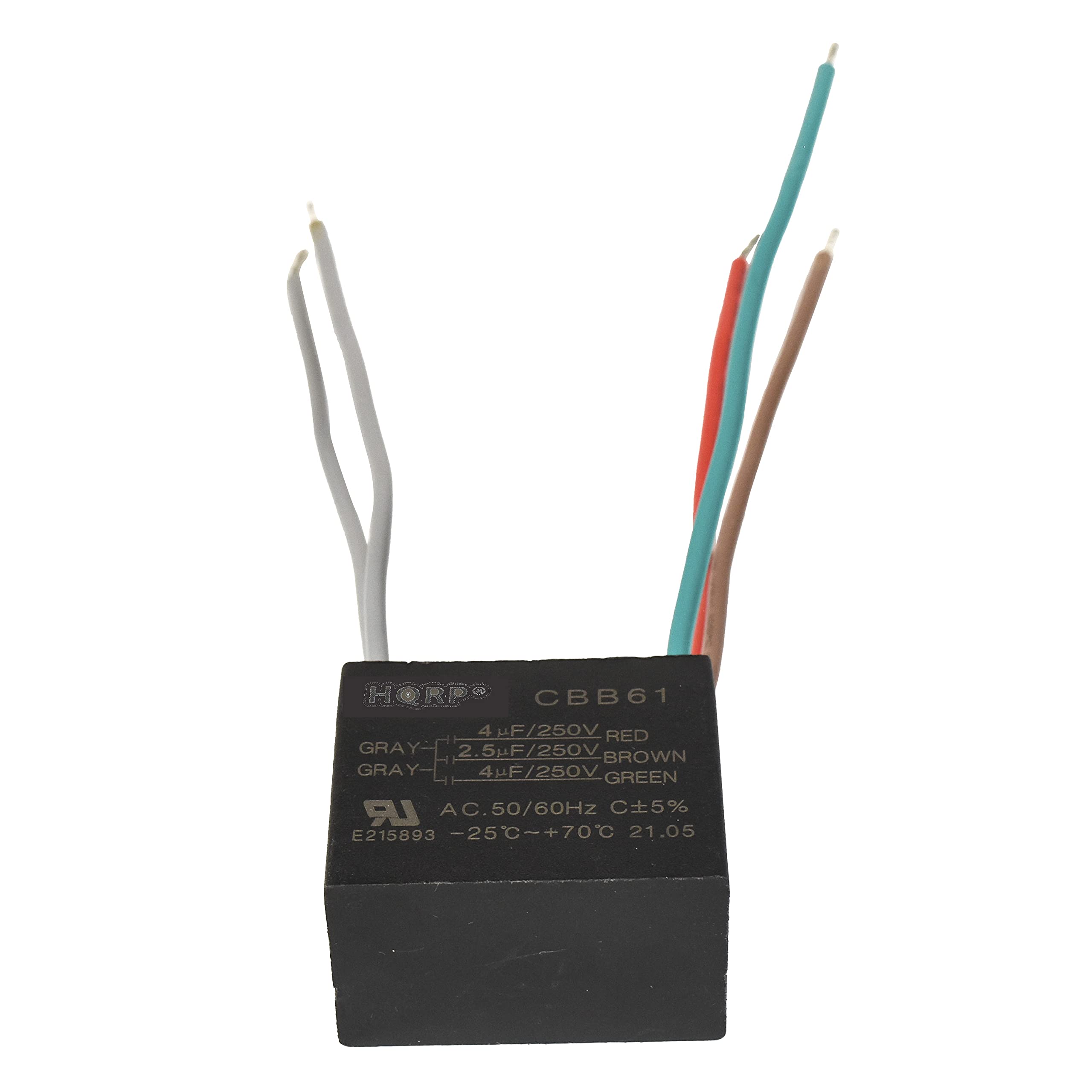 HORP CBB61  
4uF/250V RED GRAY  
2.5uF/250V BROWN GRAY  
4uF/250V GREEN  
AC 50/60Hz C±5%  
E215893 -25+70°C  
21.05