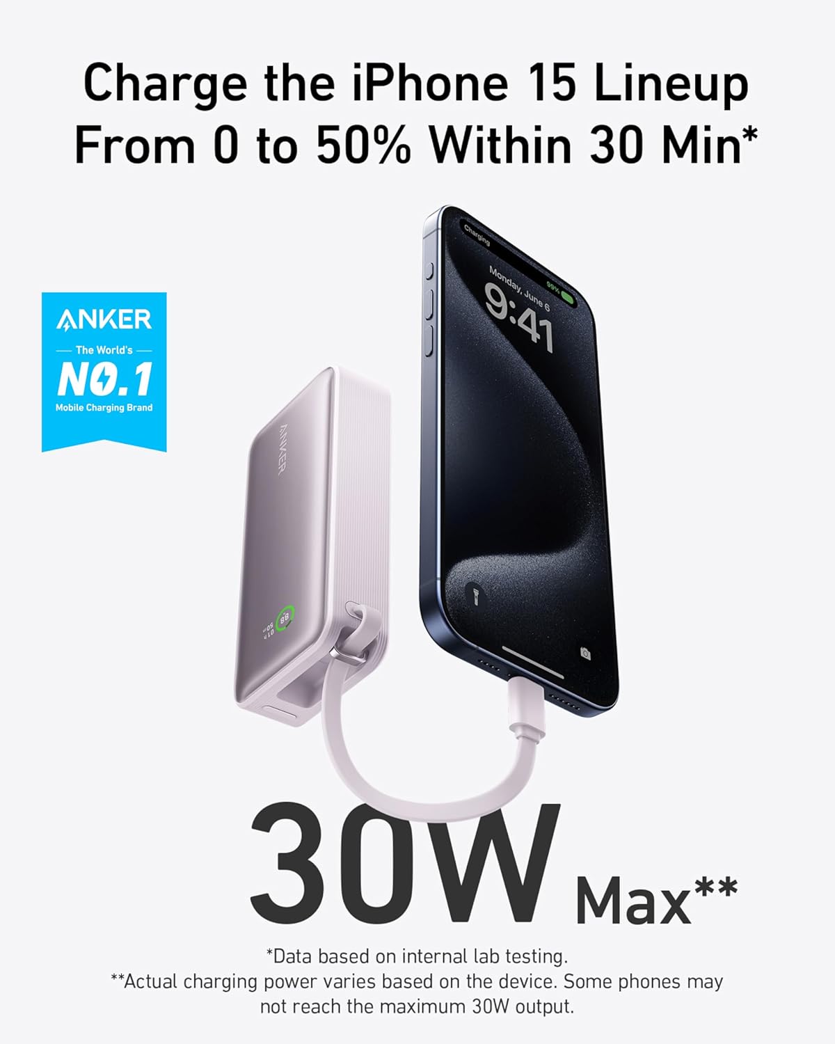 Charge the iPhone 15 Lineup From 0 to 50% Within 30 Min*

ANKER
The World's NO.1 Mobile Charging Brand

30W Max**

*Data based on internal lab testing.
**Actual charging power varies based on the device. Some phones may not reach the maximum 30W output.