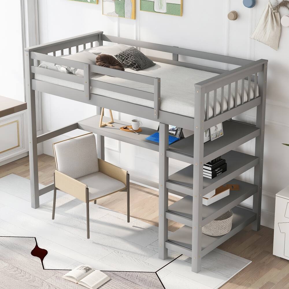 Left. Loheer - Loheer Twin Loft Bed with Desk and Storage Shelves, Solid Pine Wood Space-Saving Bed Frame, Gray - Gray.