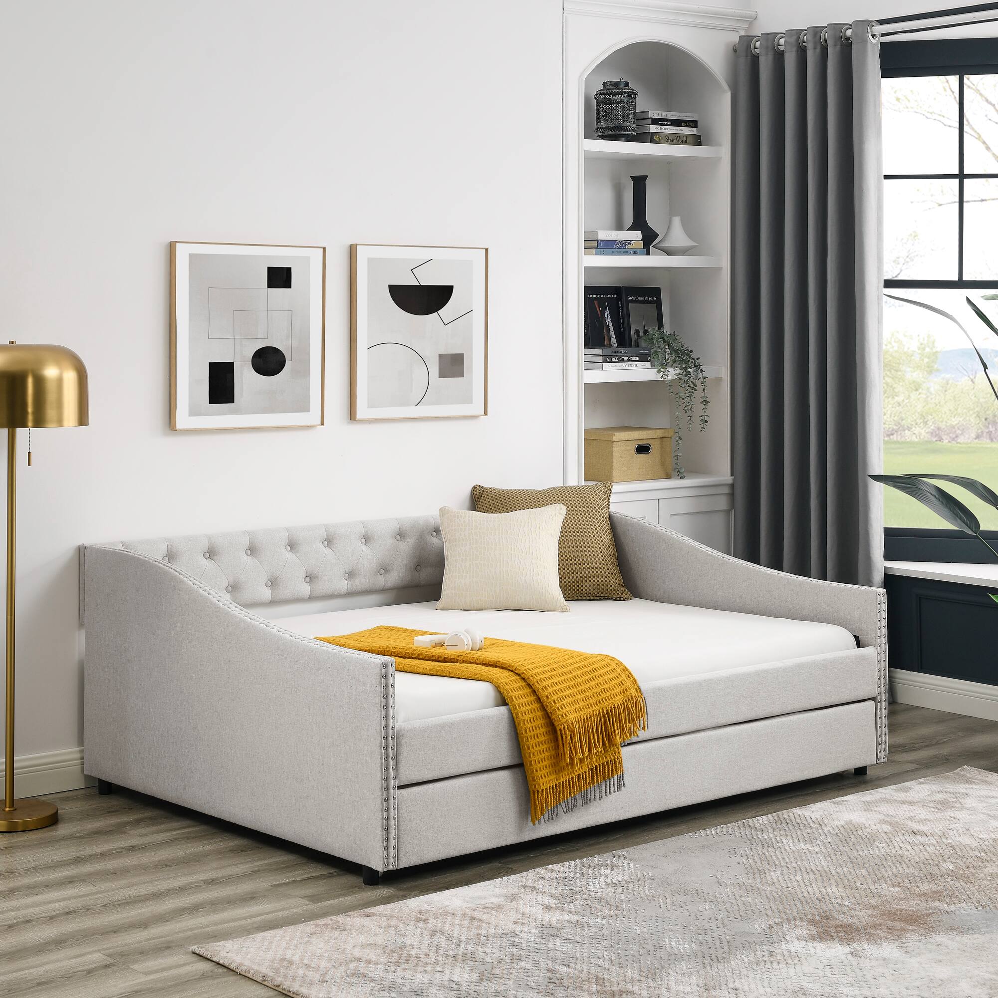 Angle. Tiramisubest - Full Size Daybed with Twin Size Trundle Upholstered Tufted Sofa Bed, ,Beige (80.5"x55.5"x27.5") - Beige.