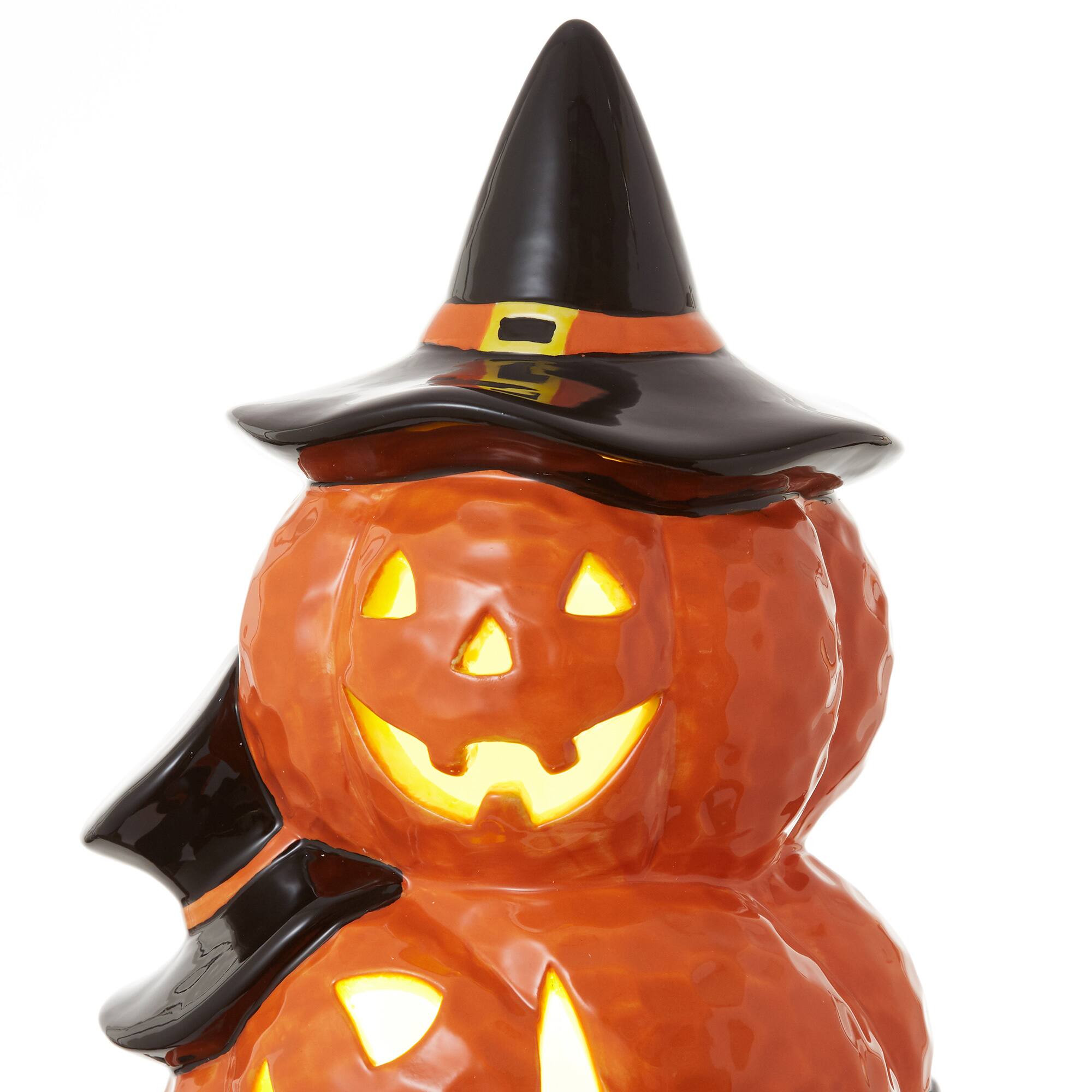 Alt View 2. Casafield - Pre-Lit Ceramic Halloween Hand-Painted Tabletop Indoor Home Decor - Orange Pumpkin Stack.