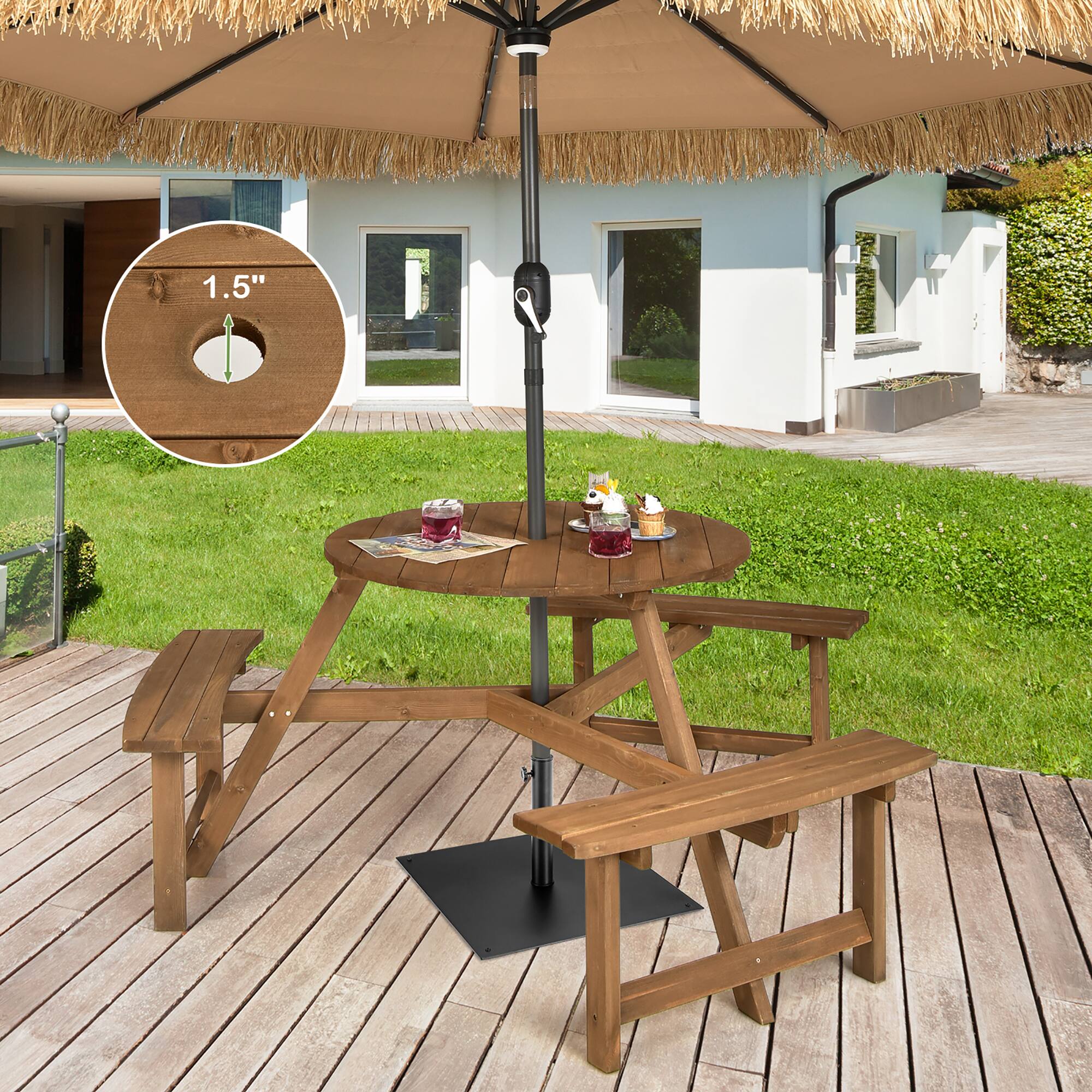 Alt View 8. Costway - Costway 6-person Round Wooden Picnic Table Outdoor Table w/ Umbrella Hole & Benches - Dark Brown.