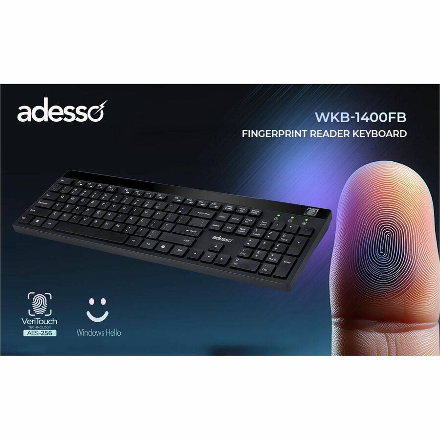 adesso WKB-1400FB FINGERPRINT READER KEYBOARD

VeriTouch TECHNOLOGY AES-256

Windows Hello