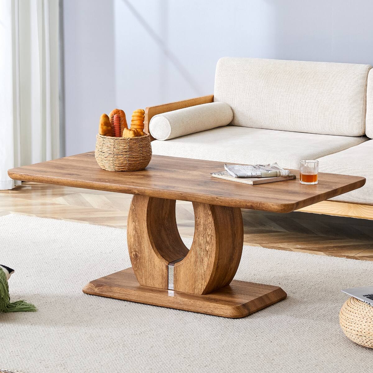 Left. Loheer - Loheer 47 inch rectangular coffee table, wood color MDF table for living room - Wood.