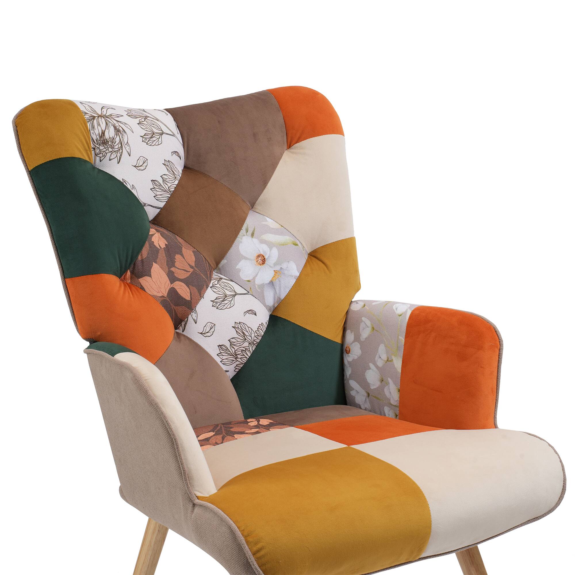 Back. FERPIT - FERPIT Patchwork Upholstered Wingback Accent Chair with Rubberwood Legs, Magnolia Ginger Patchwork - Magnolia Ginger Patchwork.