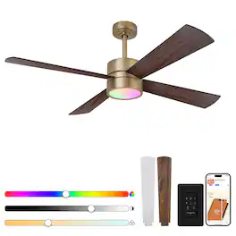 Parrot Uncle - 52-Inch RGB Smart Ceiling Fan with Lights – Modern, Dimmable, Reversible DC Motor & App Control - Antique Gold
