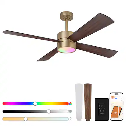 Front. Parrot Uncle - 52-Inch RGB Smart Ceiling Fan with Lights – Modern, Dimmable, Reversible DC Motor & App Control - Antique Gold.